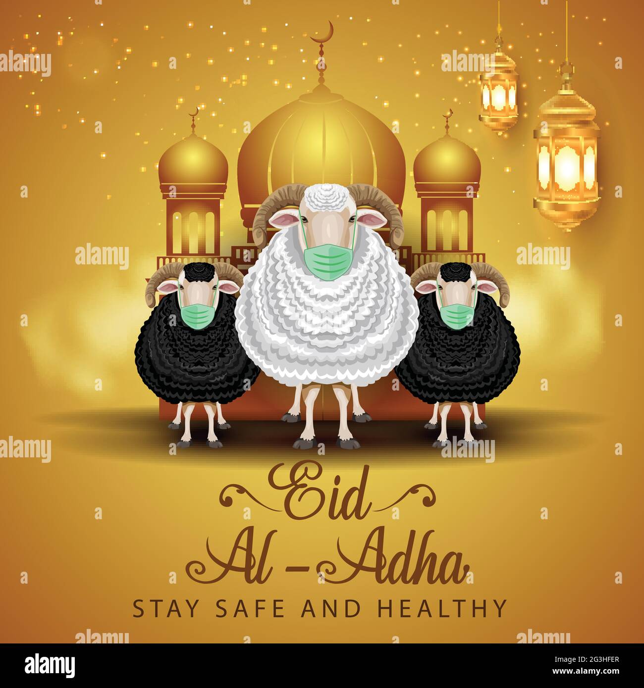 Der islamische Feiertag Eid Al Adha Mubarak mit Schafen, die eine medizinische Maske tragen. Design for Islam Festival Kurban Bayram Card or Poster. corona Virus covid-19 konz Stock Vektor
