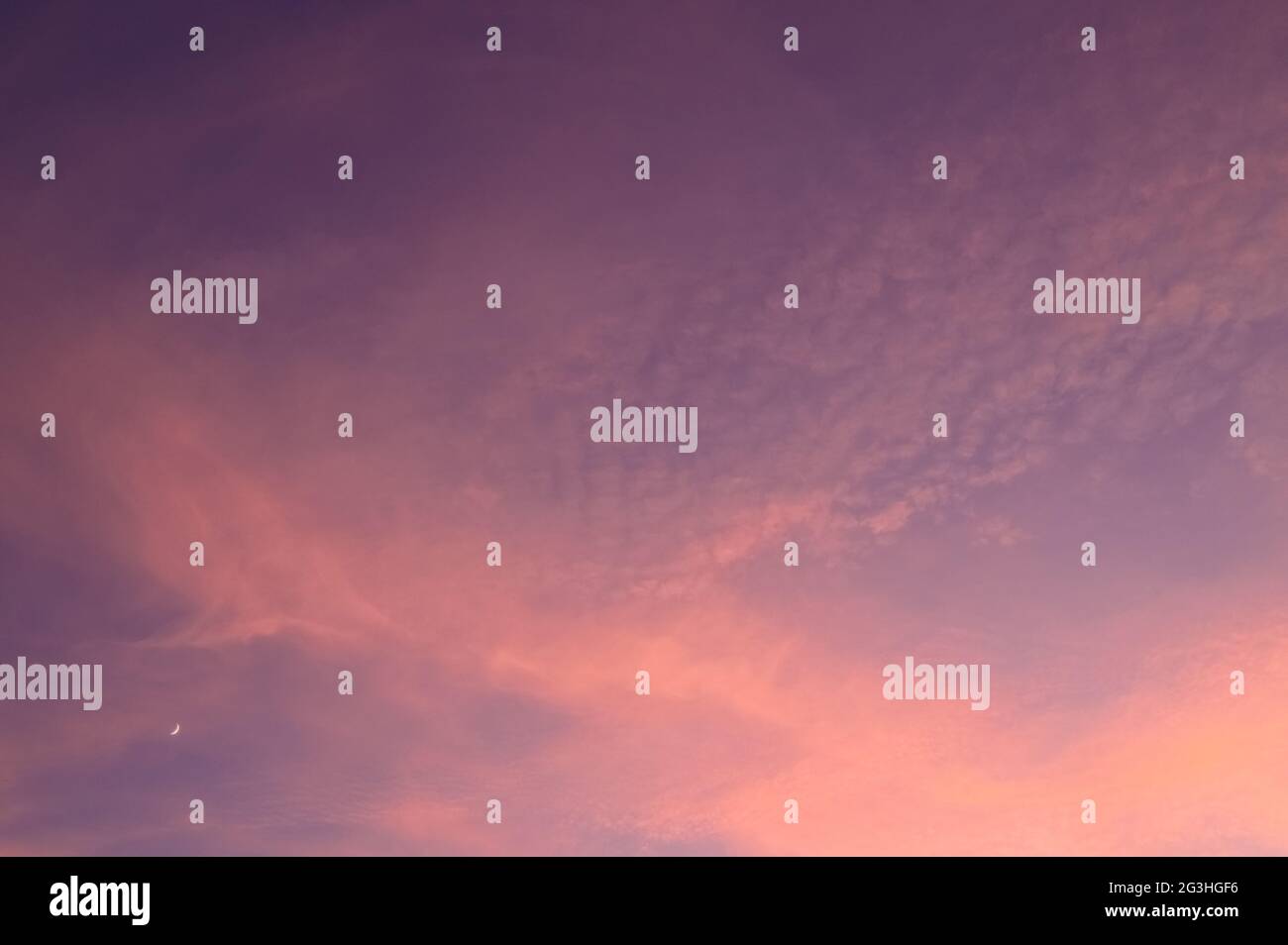 Rosa Cirrus Wolken und Himmel bei Sonnenuntergang, mit einem kleinen Mond sichtbar. Stockfoto