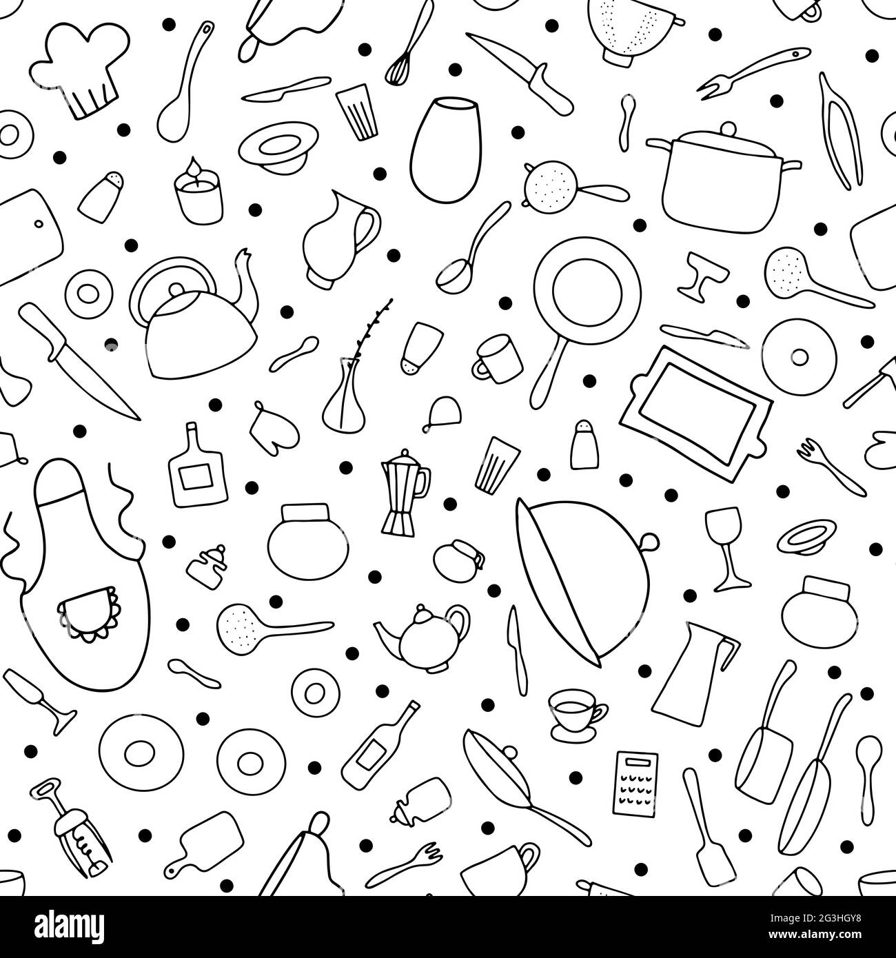 Nahtlose Doodle Geschirr Vektor-Muster. Umreißen Sie Gerichte isoliert auf weißem Hintergrund. Kochtöpfe, Pfannen, Teller, Besteck, Wasserkocher, Kaffee Cu Stock Vektor