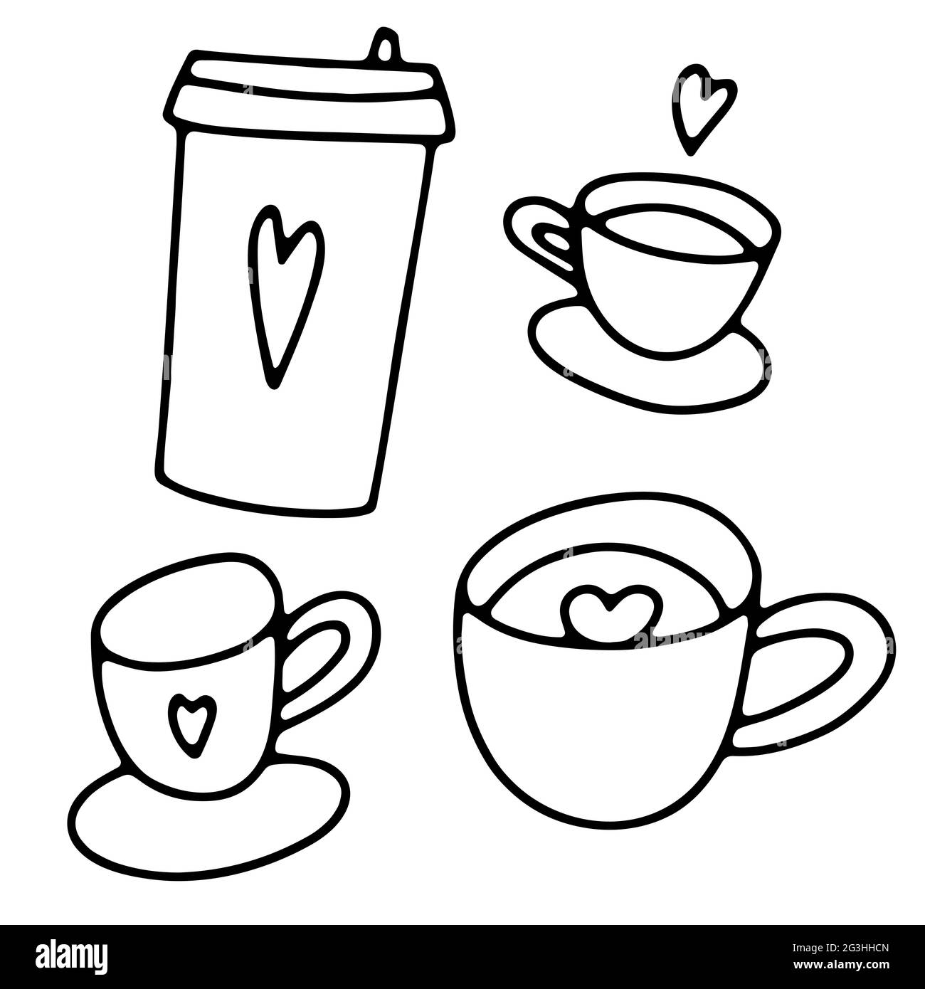 Doodle Kaffeetassen-Set. Nettes heißes Getränk isoliert auf weißem Hintergrund. Tee, Latte, Cappuccino, Americano, Espresso, Coffee to go Tasse mit hea Stock Vektor