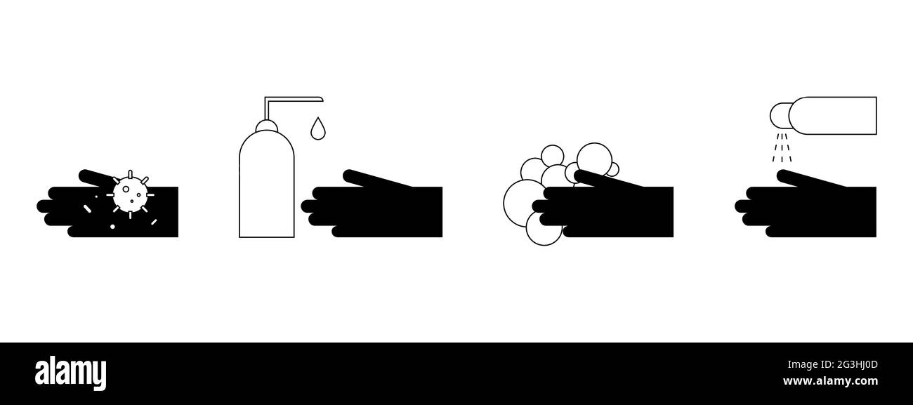 Illustration „Wash Your Hands“. Symbole für die Glyphen-Hygiene festlegen. Schmutzige Hände mit Bakterien, Covid-19, Seife, Schaum, Desinfektionsmittel, Antiseptisch. Vektorsymbole von Clean Stock Vektor