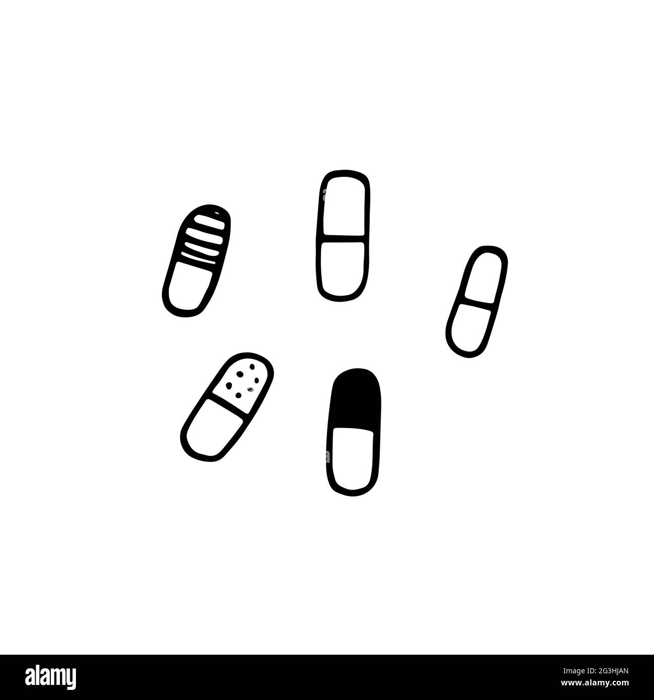 Set mit medizinischen Pillen. Doodle Tabletten für verschiedene Formen. Vektorgrafik mit pharmazeutischer, handgezeichneter Tablette isoliert auf weißem Hintergrund. Schilder Stock Vektor