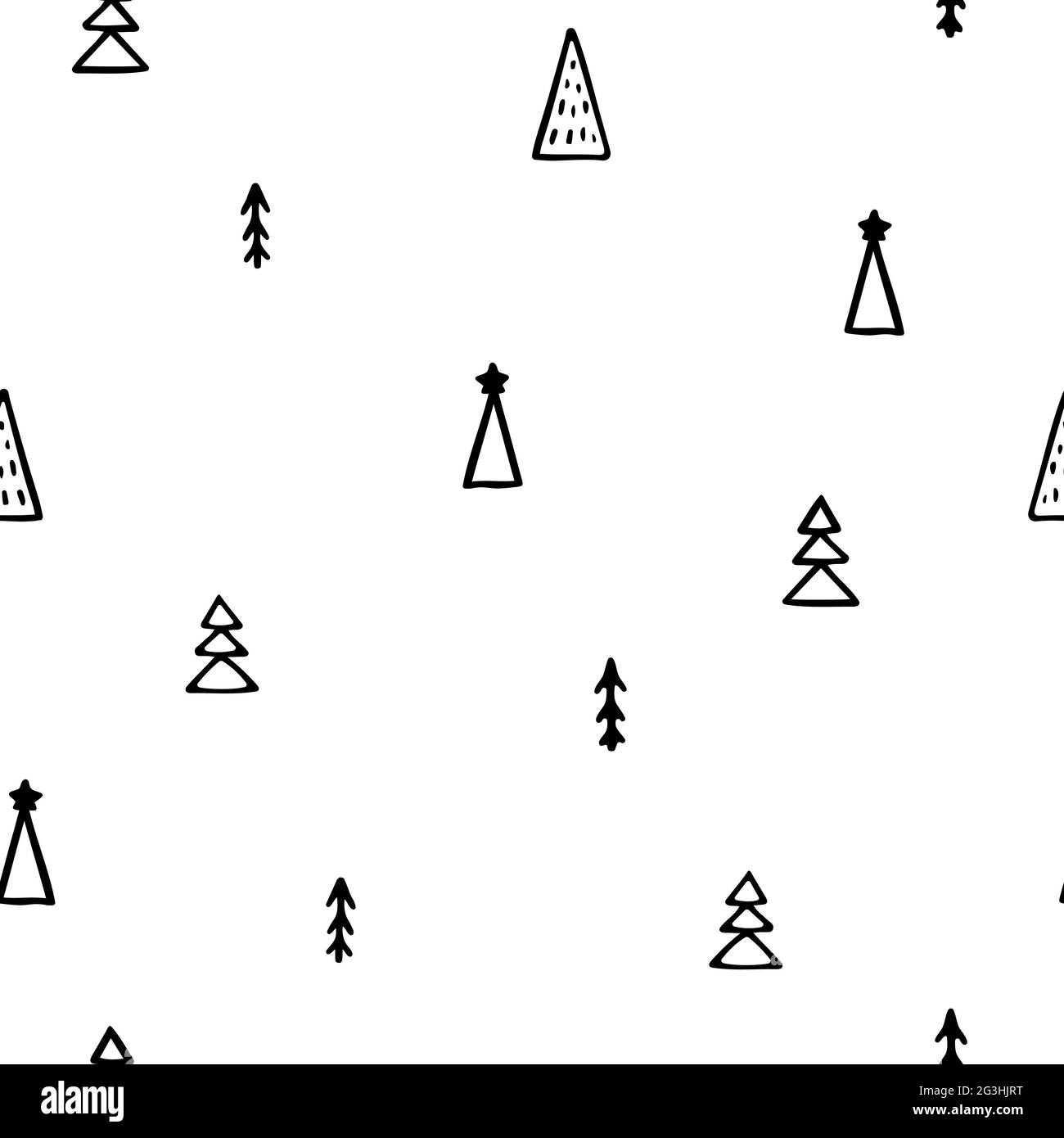 Nahtloses Vektor-Neujahrsmuster. Handgezeichnete schwarze Umrisse Weihnachtsbäume isoliert auf weißem Hintergrund. Holiday Tannen-Bäume Illustration für Tapeten Stock Vektor
