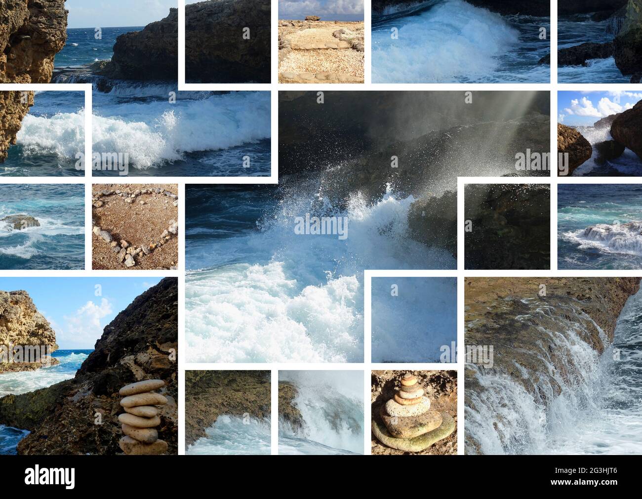 Zwölf Fotos, die im Nationalpark Shete Boka in einer Collage aufgenommen wurden. Es liegt an der wilden Nordküste von Curacao.der Name Shete Boka bedeutet sieben kleine Buchten Stockfoto