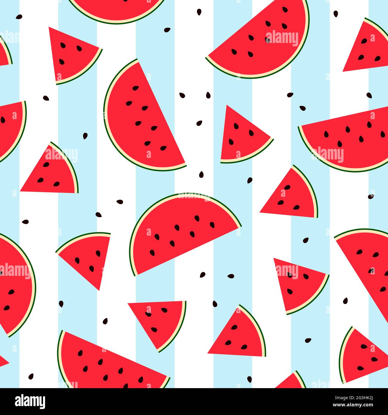 Nahtlose Wassermelone in Scheiben. Flach Süße frische Früchte auf weiß blau gestreiftem Hintergrund. Farbenfrohe, helle Sommergerichte. Rot geschnittene Melone mit Samen. Vec Stock Vektor