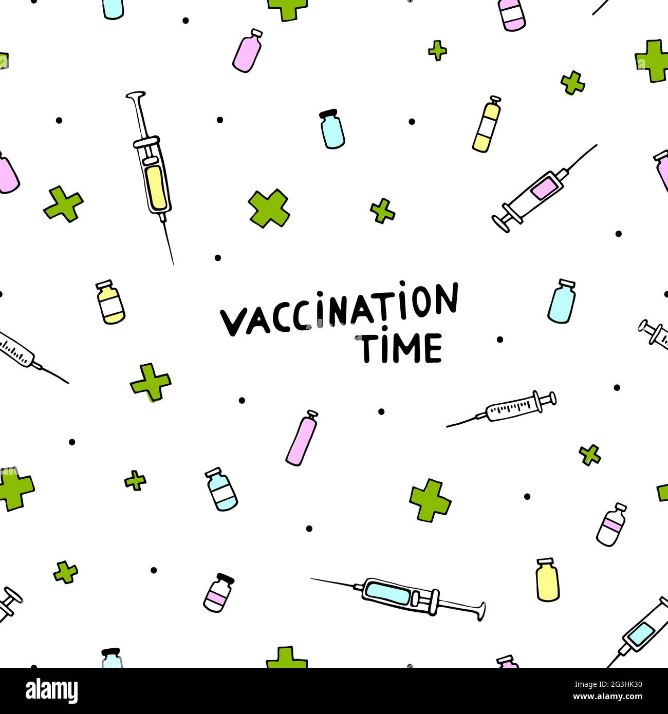 Zeit für die Impfung. Nahtloses medizinisches Doodle-Muster. Influenza, andere Krankheiten, Krankheitsvorbeugung, Gesundheitsversorgung. Vektorgrafik mit Pharm Stock Vektor