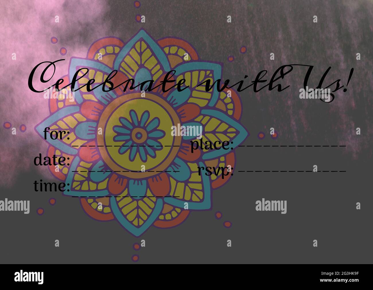 Feiern Sie mit uns Text mit Kopierraum gegen Pudereffekt über floralem Design auf grauem Hintergrund Stockfoto