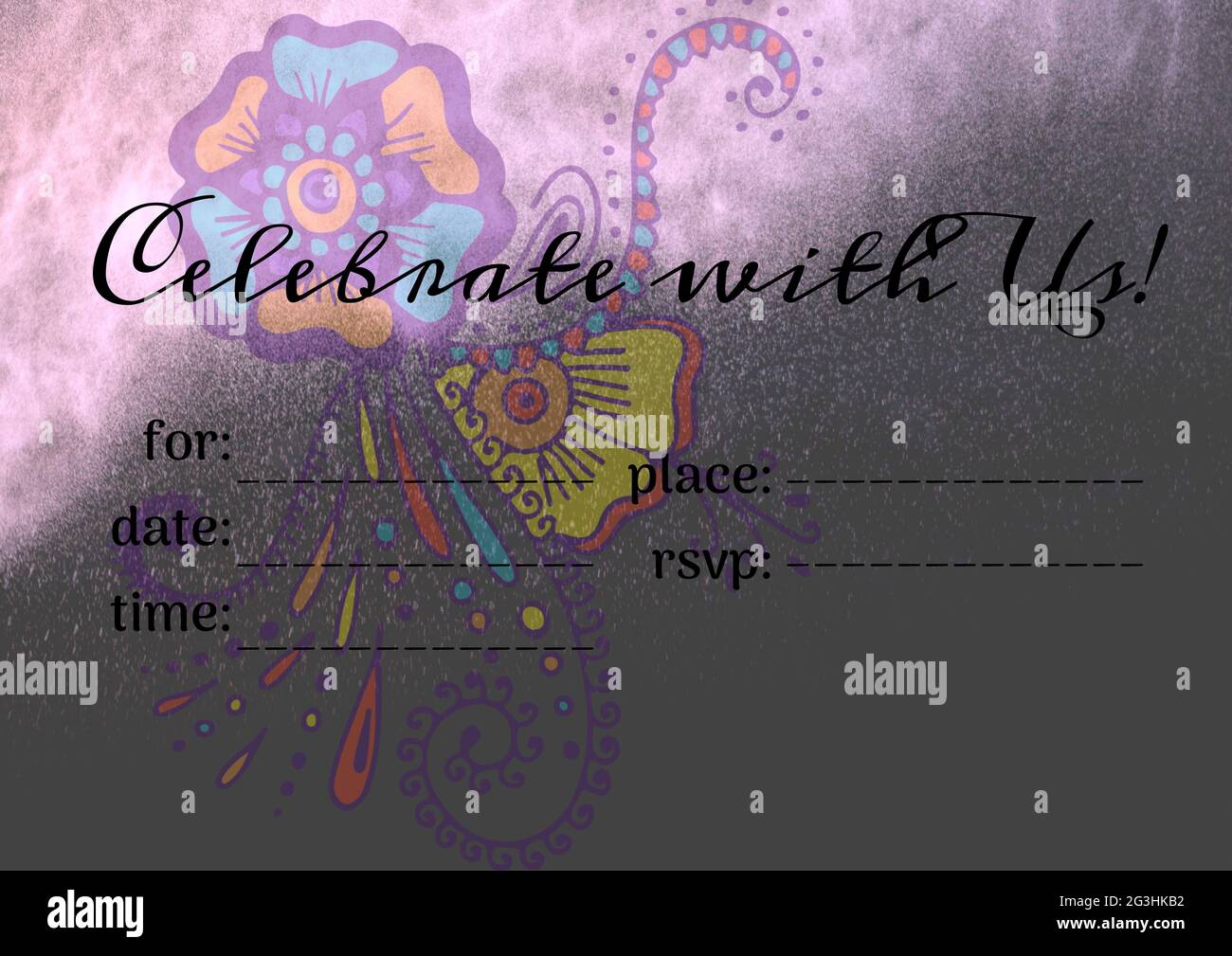 Feiern Sie mit uns Text mit Kopierraum gegen Pudereffekt über floralem Design auf grauem Hintergrund Stockfoto