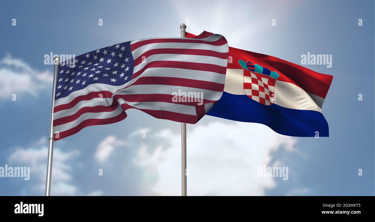 Amerikanische und krotische Flagge winkt gegen Wolken am blauen Himmel Stockfoto