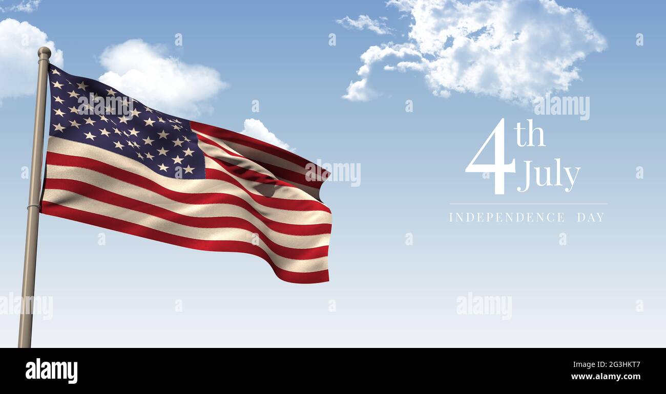 Happy Independence Day Text und winken amerikanische Flagge gegen auf Wolken in blauem Himmel Stockfoto