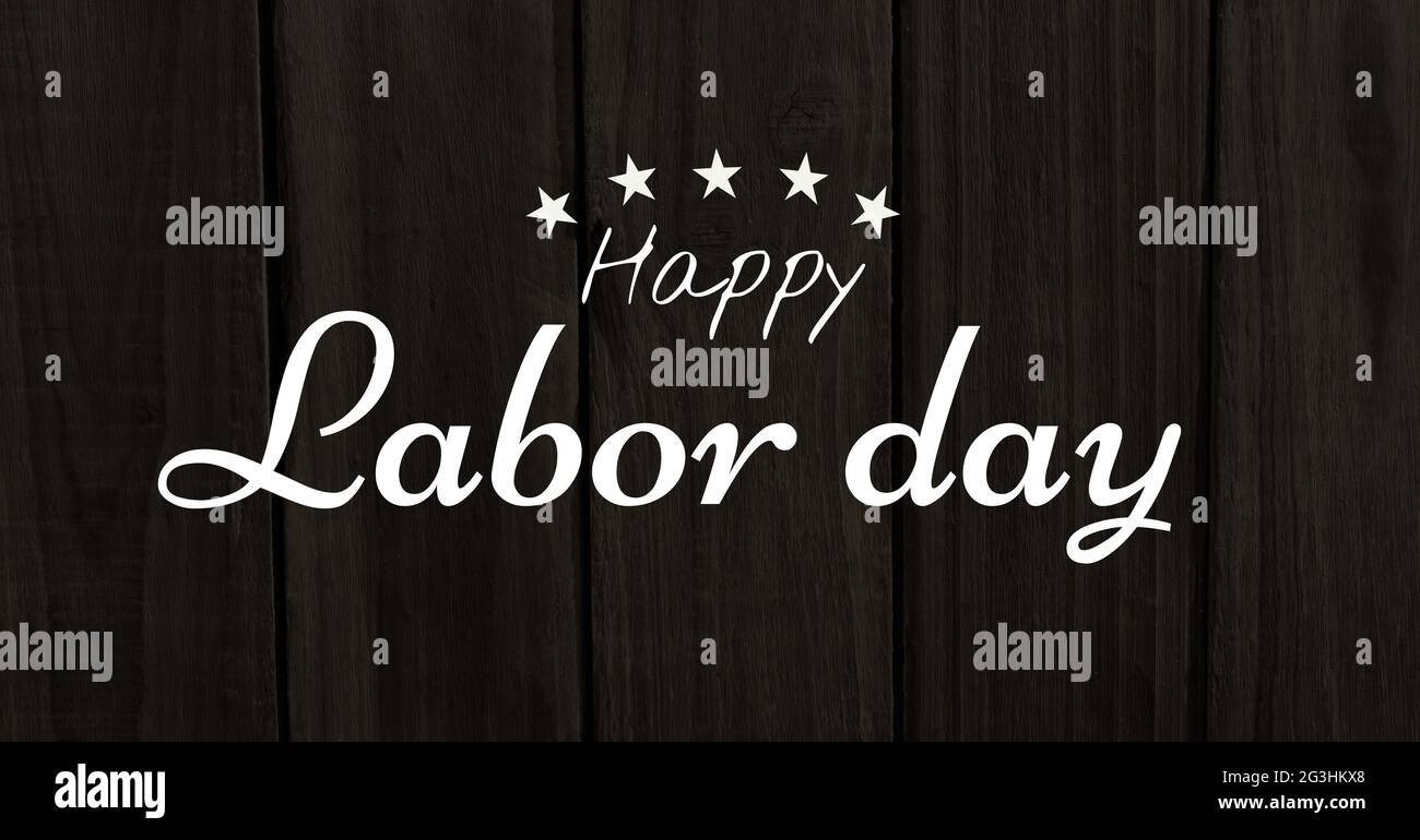 Happy Labor Day Text und Sterne vor hölzernen Hintergrund Stockfoto