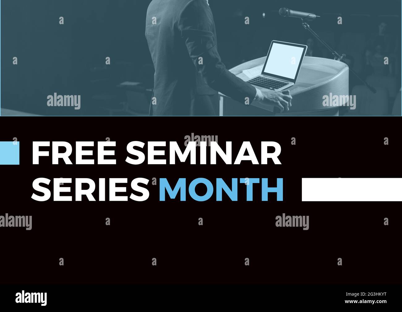 Komposition von Text frei Seminar-Serie Monat mit Mann auf dem Podium sprechen, auf schwarz Stockfoto