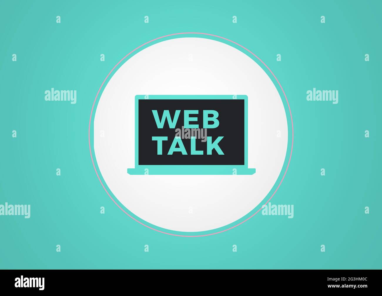 Komposition von Text Web Talk in türkis auf Laptop-Bildschirm in weißem Kreis auf türkisfarbenem Hintergrund Stockfoto