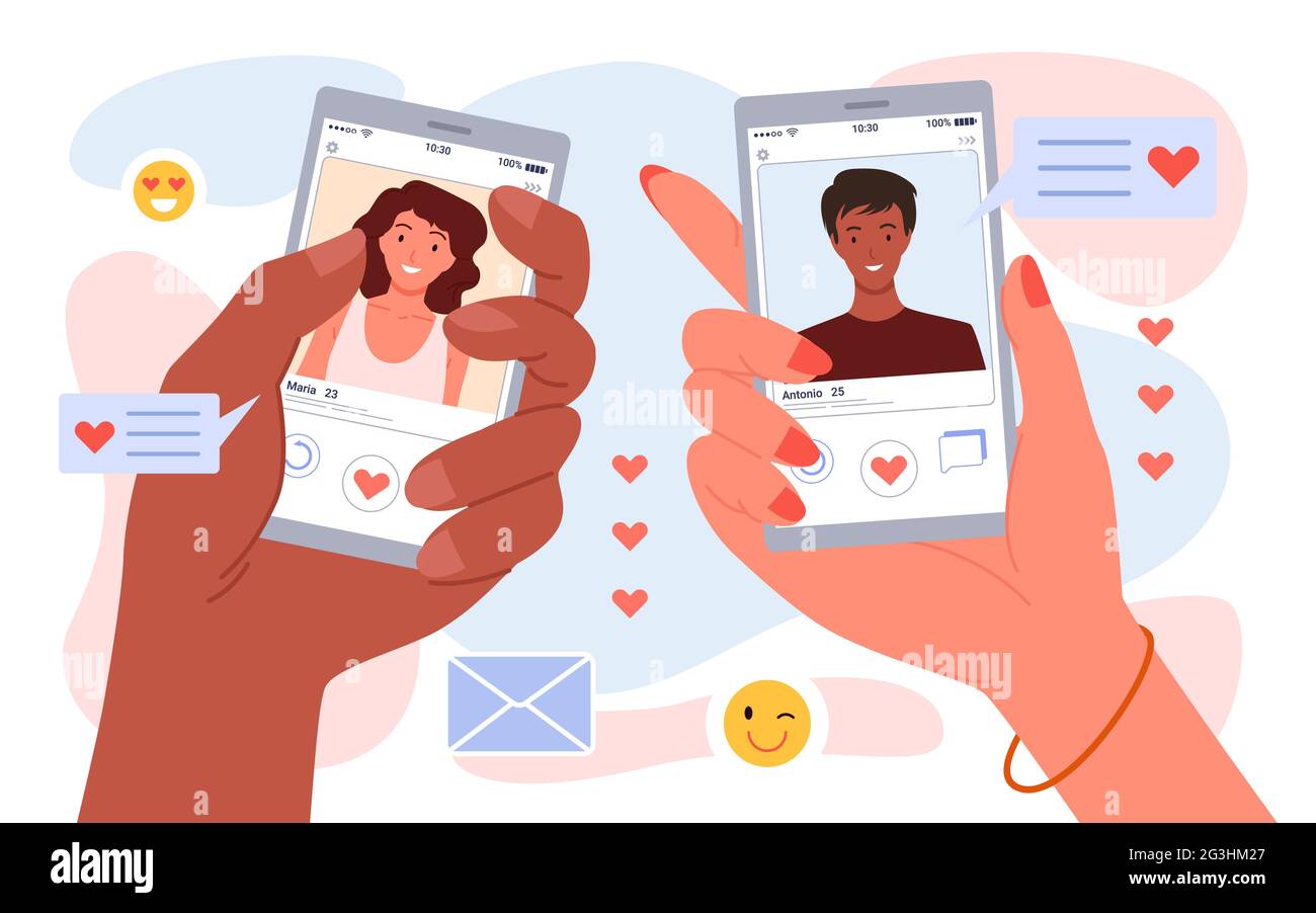 Online romantische Dating-Gespräch, virtuelle Treffen, männliche weibliche Hände halten Telefone Stock Vektor
