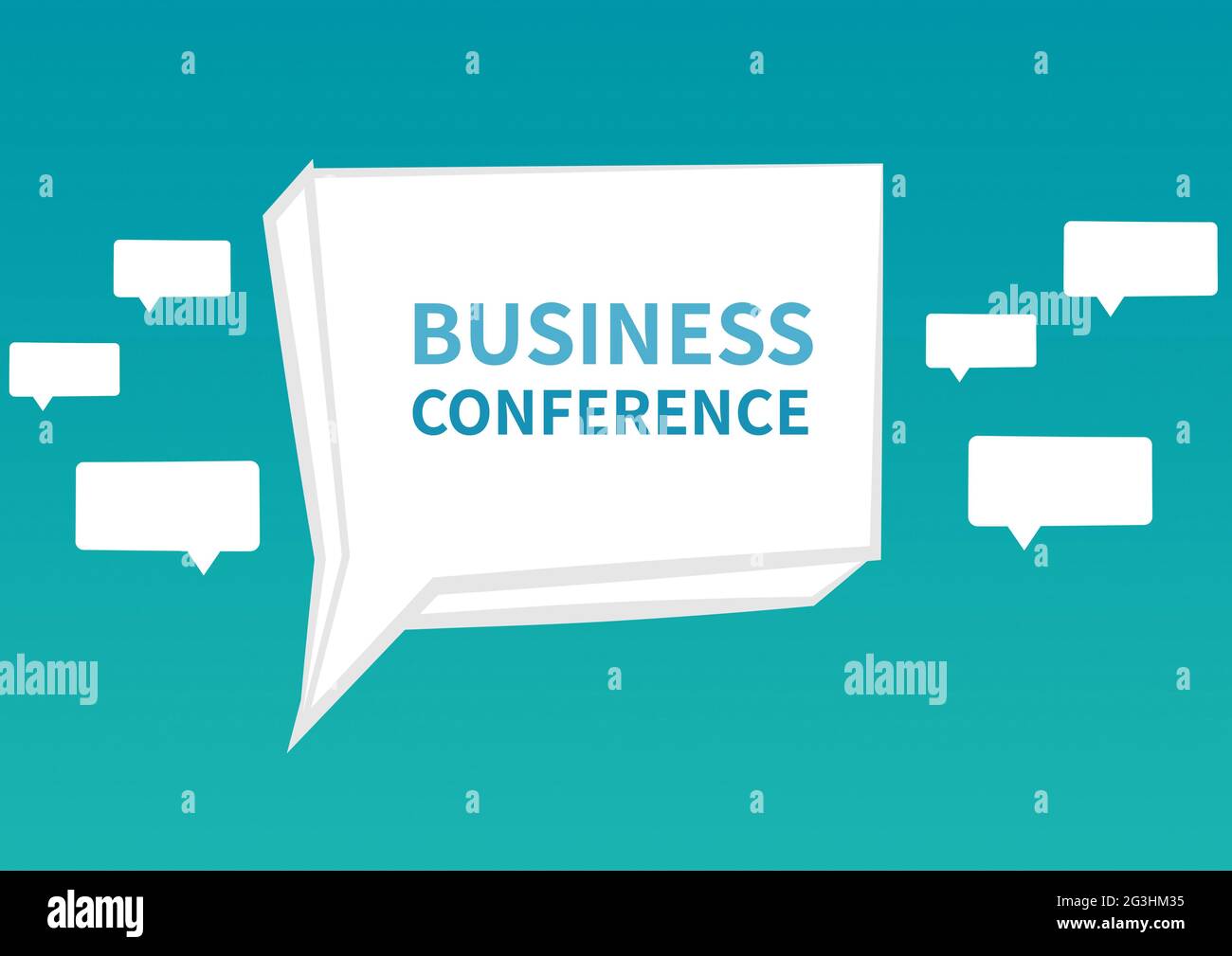 Zusammensetzung des Textes der Geschäftskonferenz in weißer Sprechblase mit leeren Sprechblasen, auf blau Stockfoto