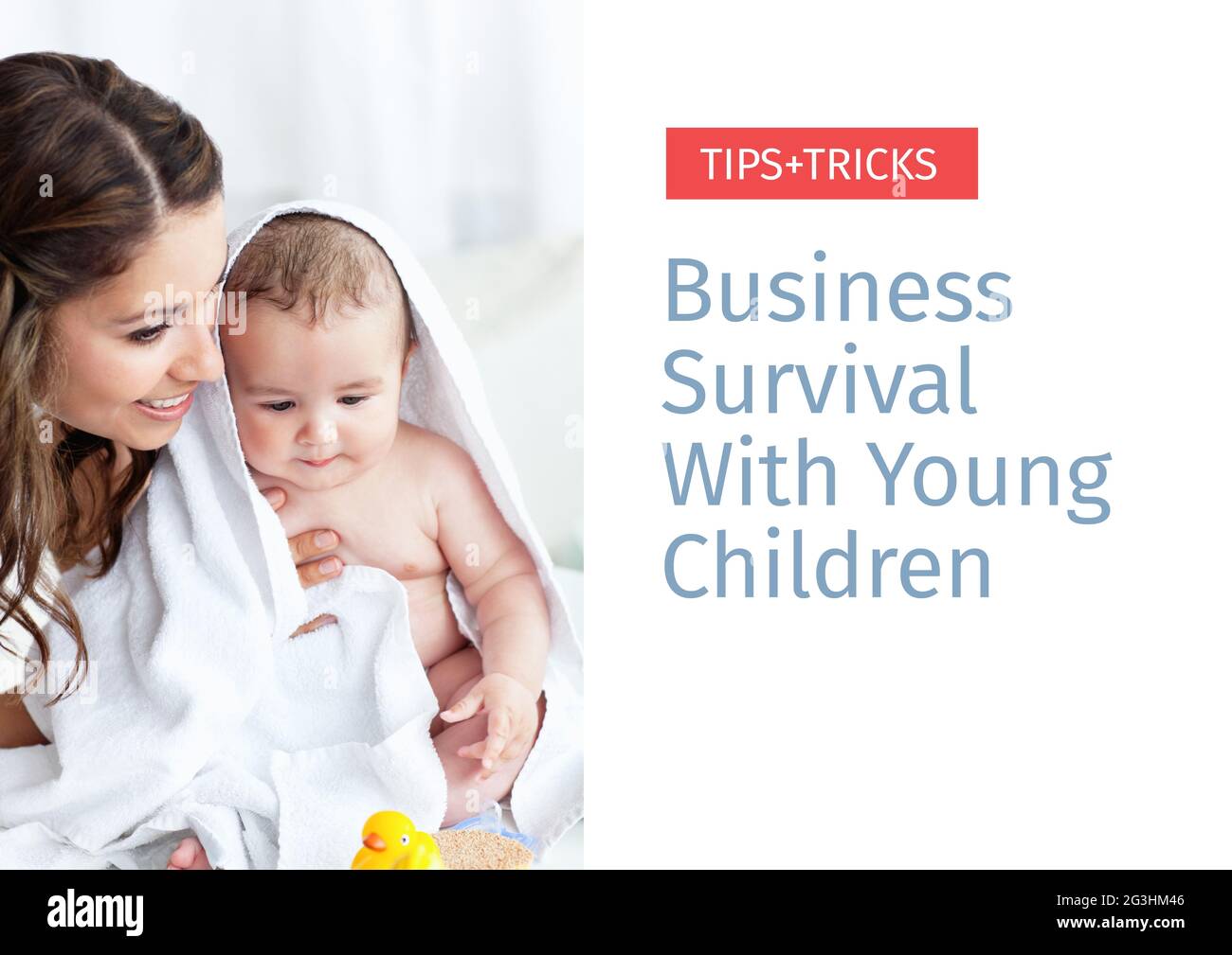 Zusammensetzung des Geschäftsüberlebens mit Kindern Text in blau und rot mit Mutter und Baby, auf weiß Stockfoto