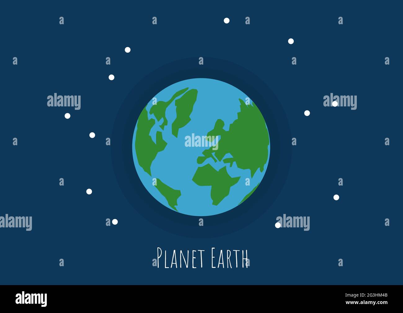Komposition von Planet Erde Text, mit Globus und Sternen am Nachthimmel Stockfoto
