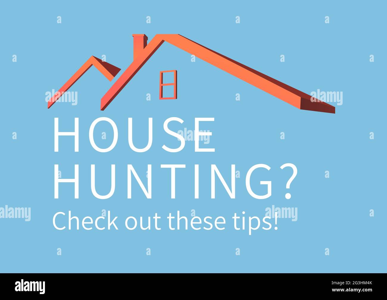 Komposition aus Text für die Hausjagd in Weiß, mit Hausdach-Design auf Blau Stockfoto