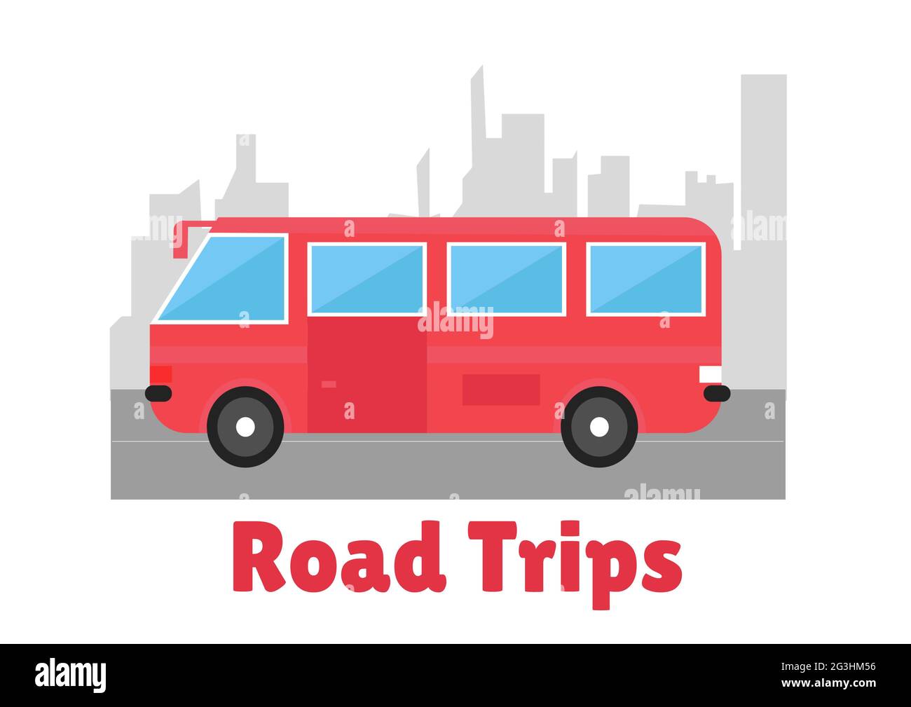 Komposition aus Roadtrip-Text, mit rotem Lieferwagen und Stadtbild auf Weiß Stockfoto