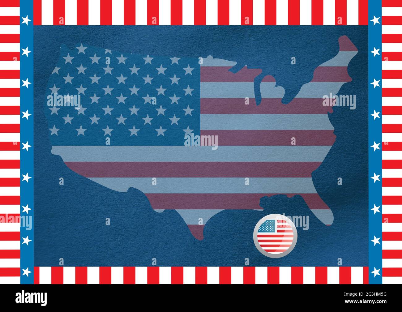 Komposition aus weißen Sternen und roten, weißen und blauen Streifen und amerikanischer Flaggenkarte, auf Blau Stockfoto