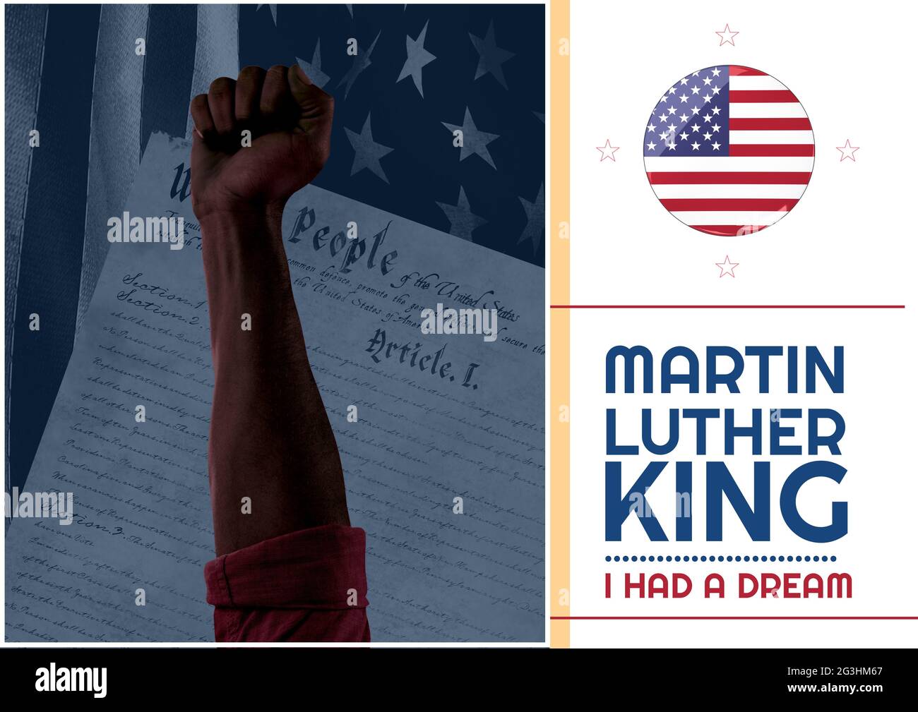 Komposition des zitatstextes von martin luther King, mit erhobener Faust und amerikanischer Flagge auf Weiß Stockfoto