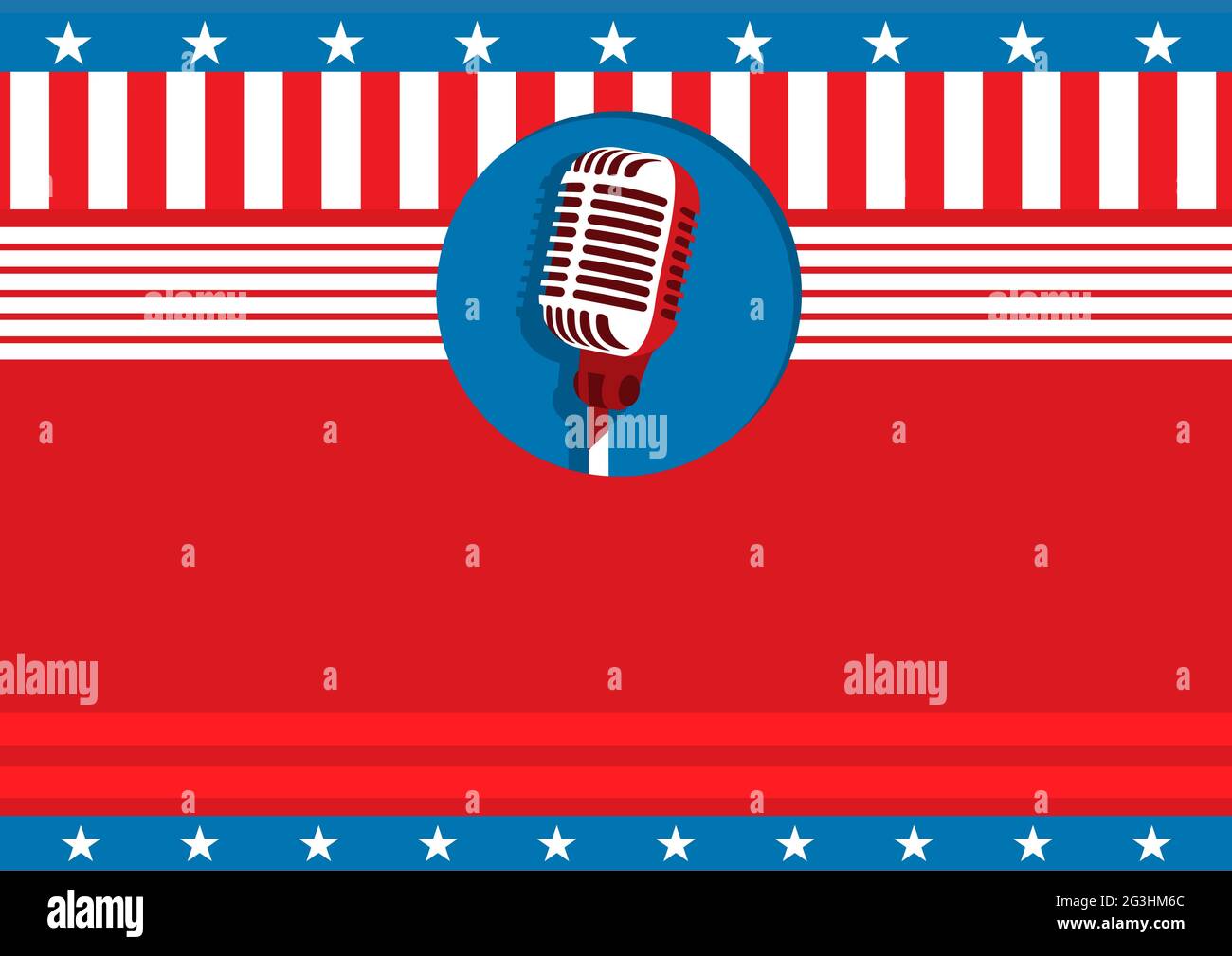 Komposition des Mikrofons mit weißen Sternen und roten, weißen und blauen Streifen der amerikanischen Flagge, auf rot Stockfoto