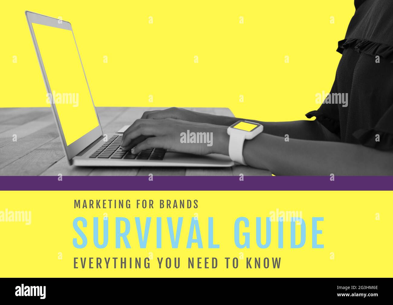 Marketingmaterial für Marken-Überlebenstext mit Person, die einen Laptop verwendet, auf Gelb Stockfoto