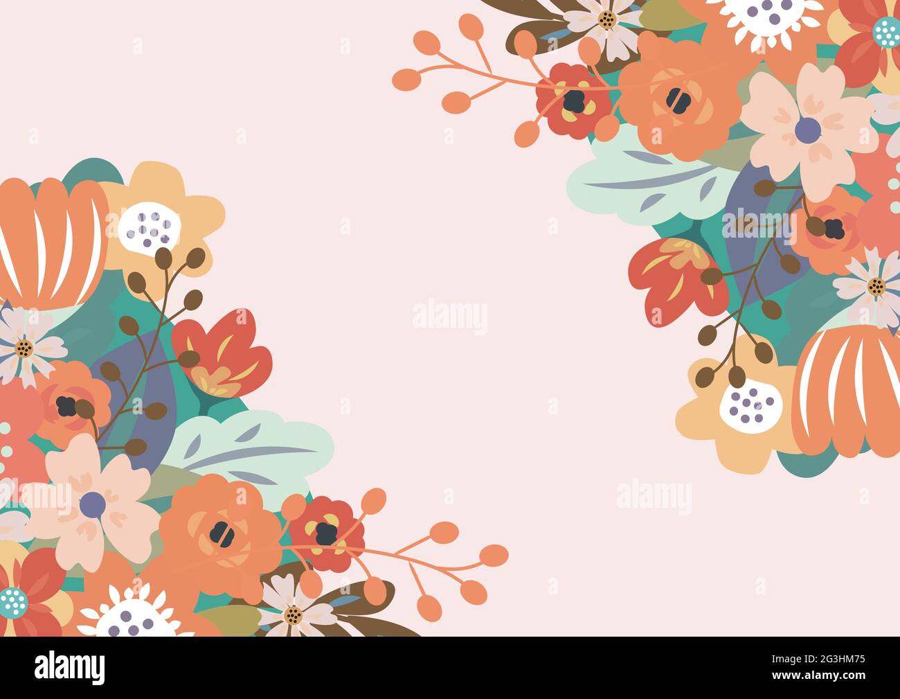 Komposition aus floralem Rahmendesign mit zentralem Kopierraum und rosa Hintergrund Stockfoto