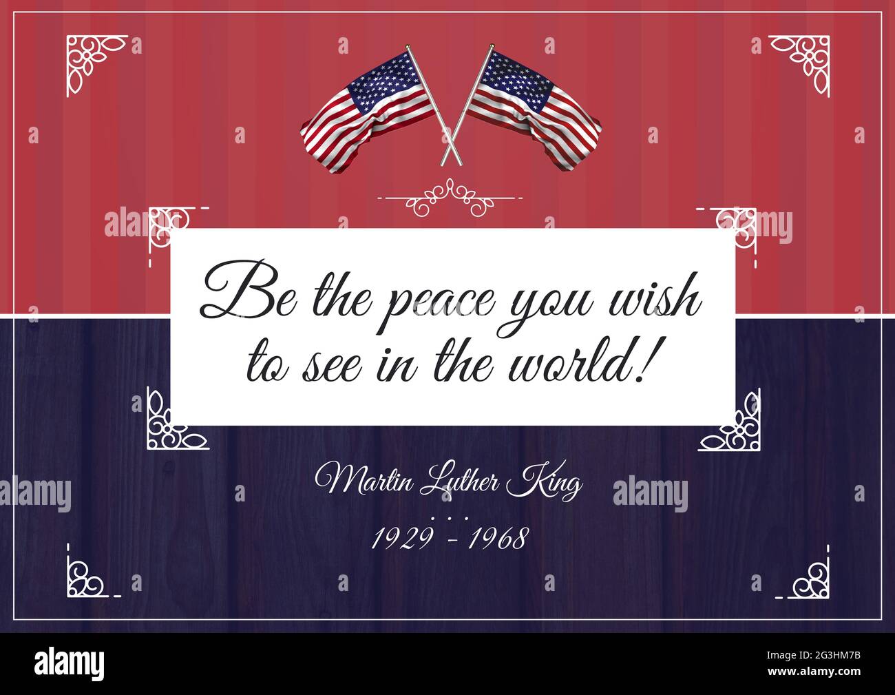 Komposition von martin luther King Day Text, mit amerikanischen Flaggen und Zitat auf Rot Stockfoto