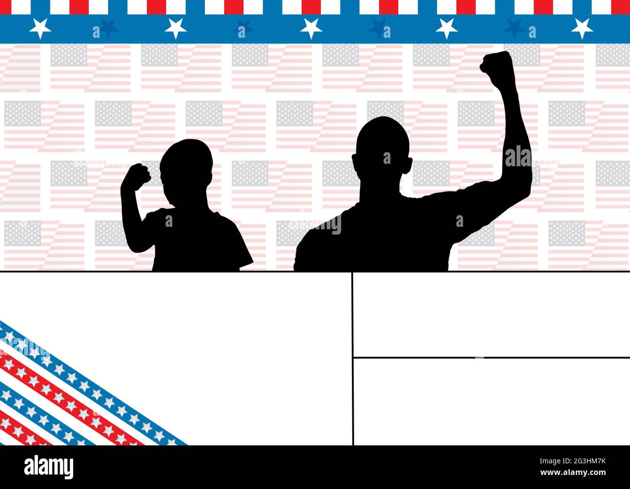Komposition aus Silhouetten mit erhobenen Fäusten und Sternen und Streifen amerikanischer Flagge auf Weiß Stockfoto