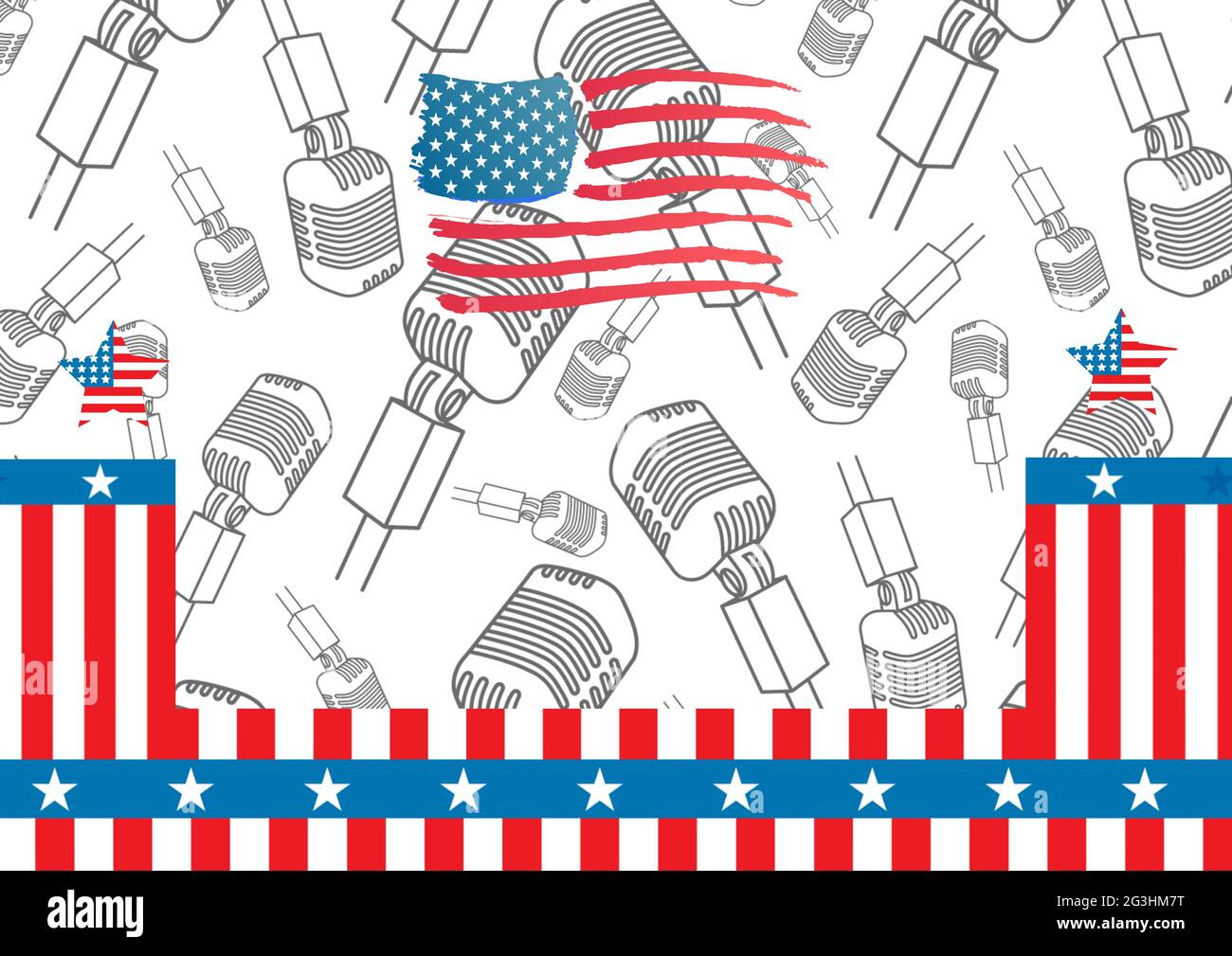 Zusammensetzung von Mikrofonen und Sternen und Streifen der amerikanischen Flagge auf Weiß Stockfoto