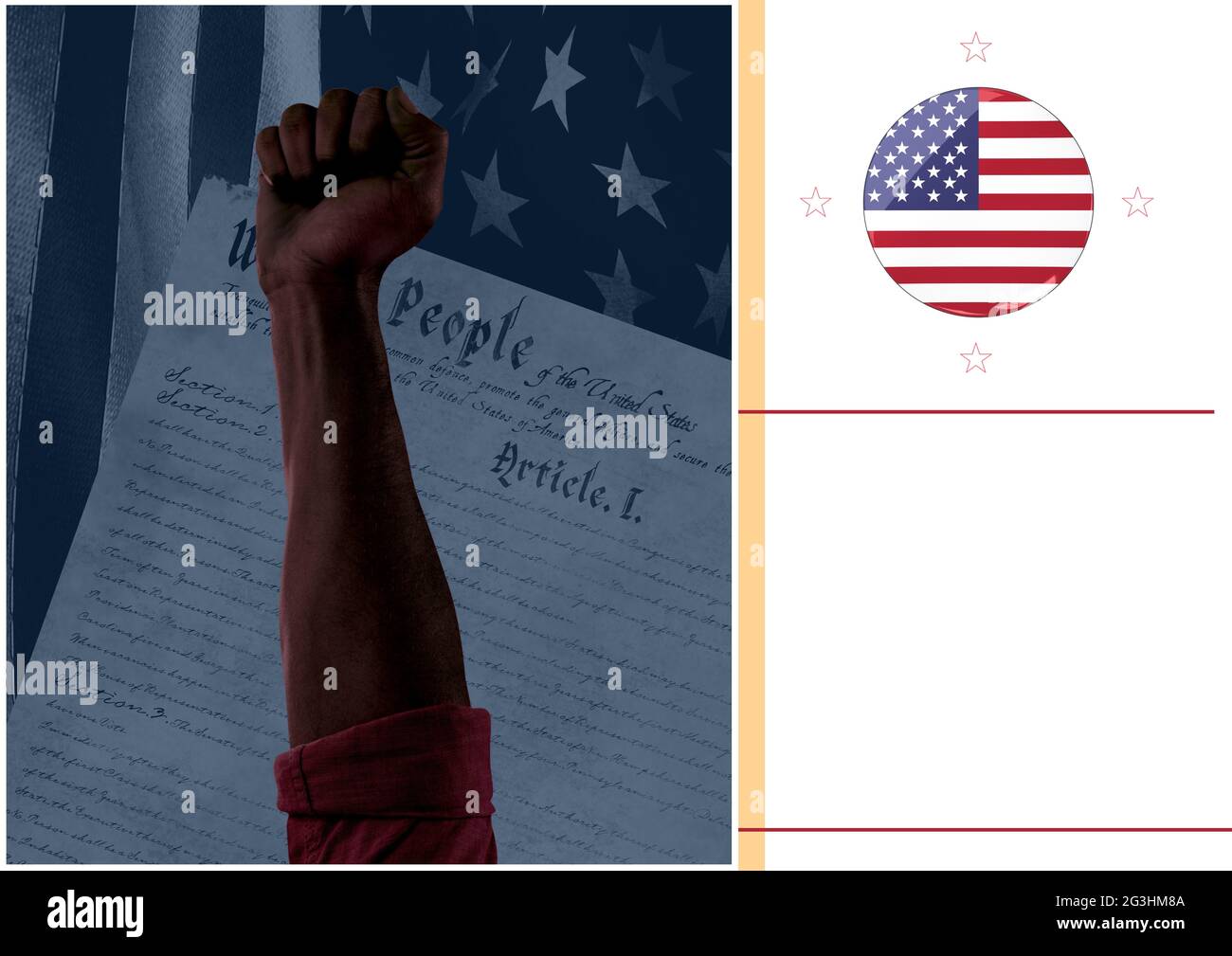 Komposition aus erhobener Faust und amerikanischer Flagge auf Weiß Stockfoto