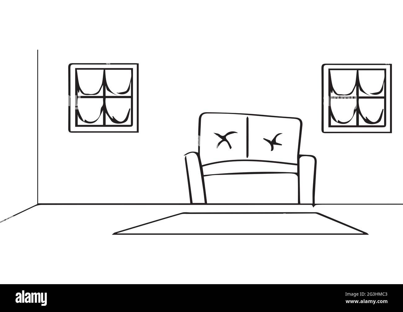 Zusammensetzung der vereinfachten Wohnzimmerhaus Innenzeichnung auf weißem Hintergrund Stockfoto
