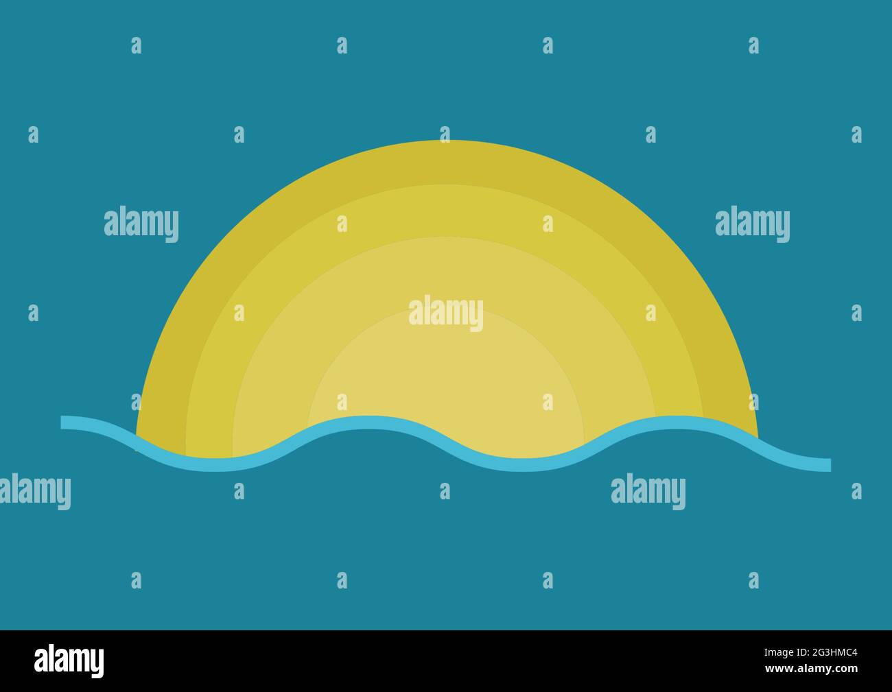Komposition aus gelb glühender Sonne mit Meer auf blauem Hintergrund Stockfoto