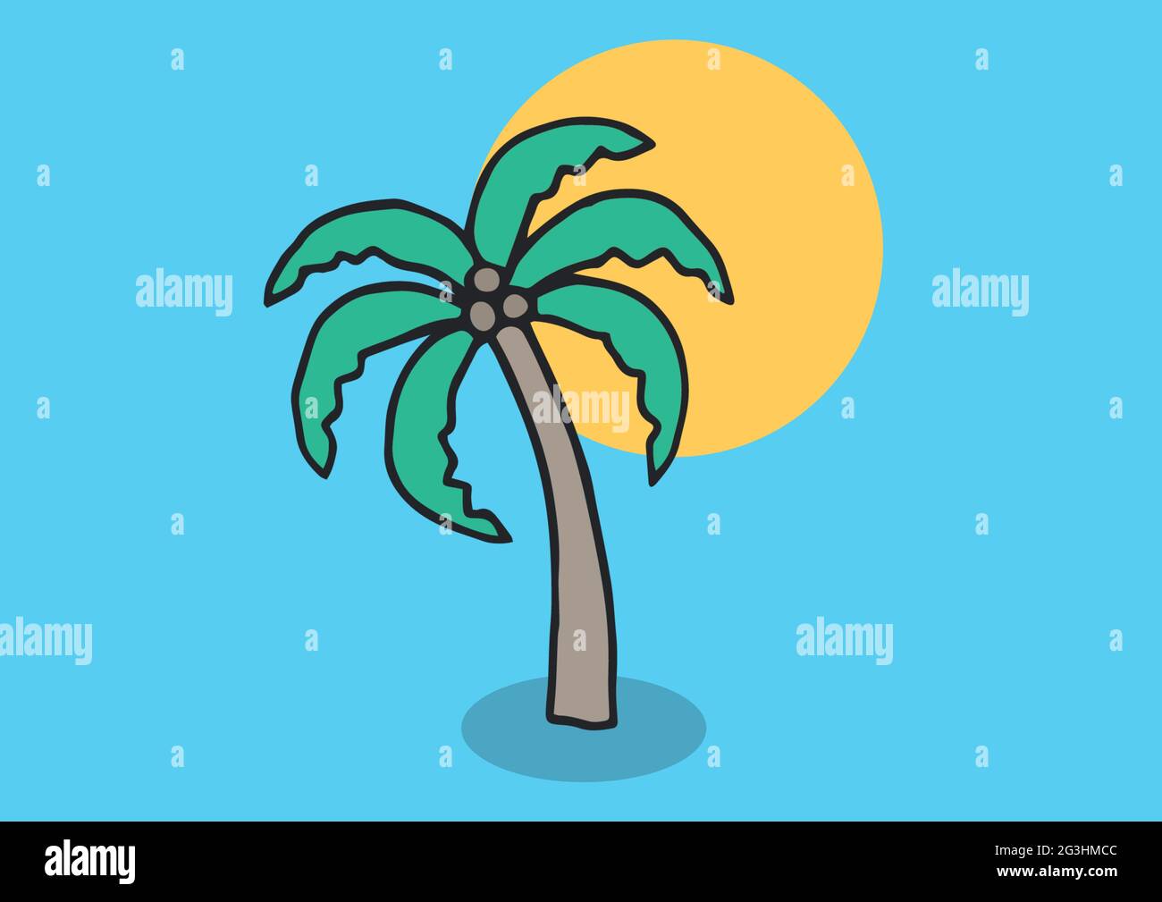 Zusammensetzung von Palmen mit gelber Sonne auf blauem Hintergrund Stockfoto