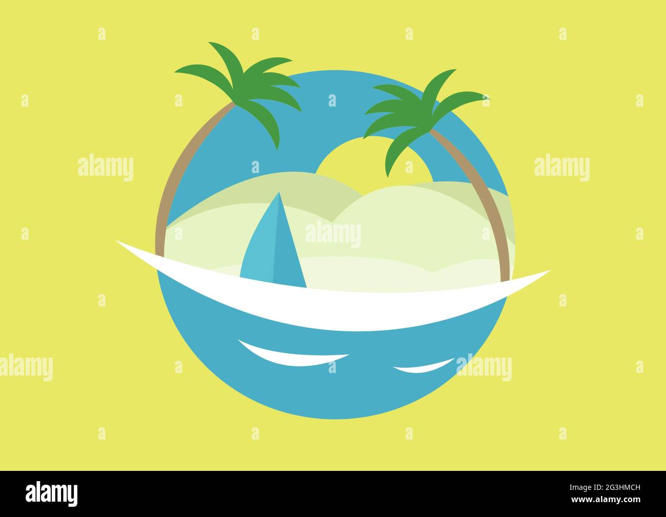 Zusammensetzung von Palmen mit Globus auf gelbem Hintergrund Stockfoto