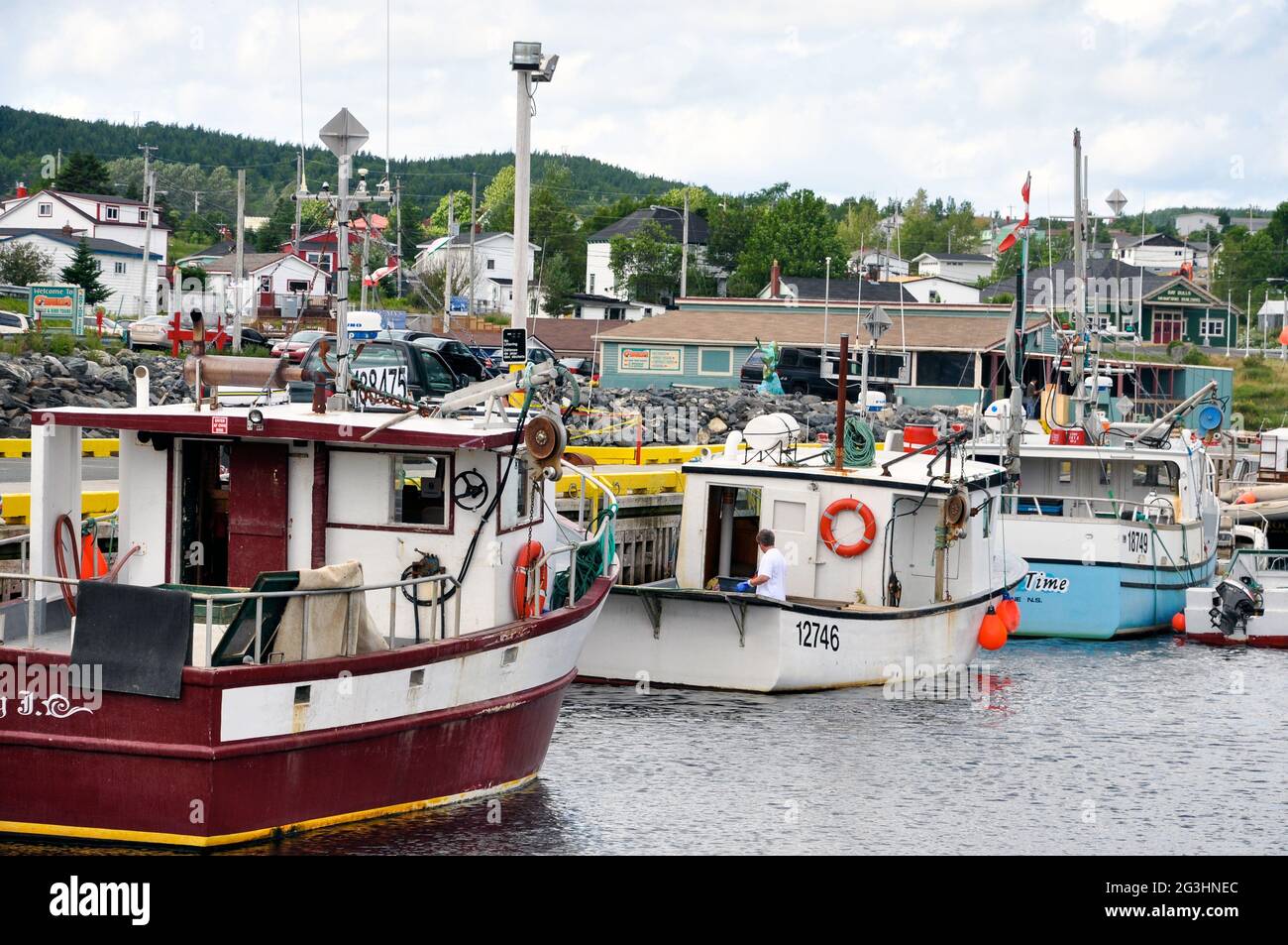Fischerboote im farbenfrohen Hafen von {Petty Harbor, Neufundland, Kanada. Stockfoto