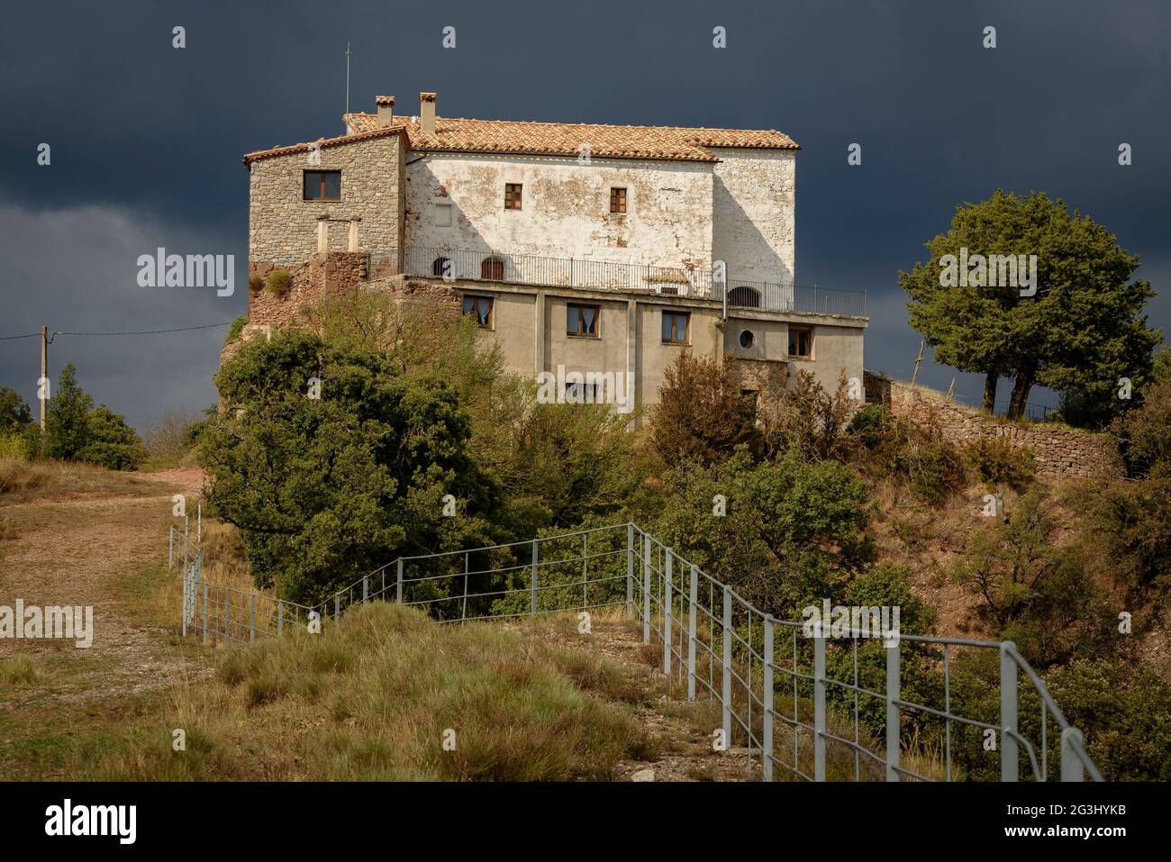 Blick von der Wallfahrtskirche La Quar in der Serra de Picancel (Berguedà, Barcelona, Katalonien, Spanien) Stockfoto