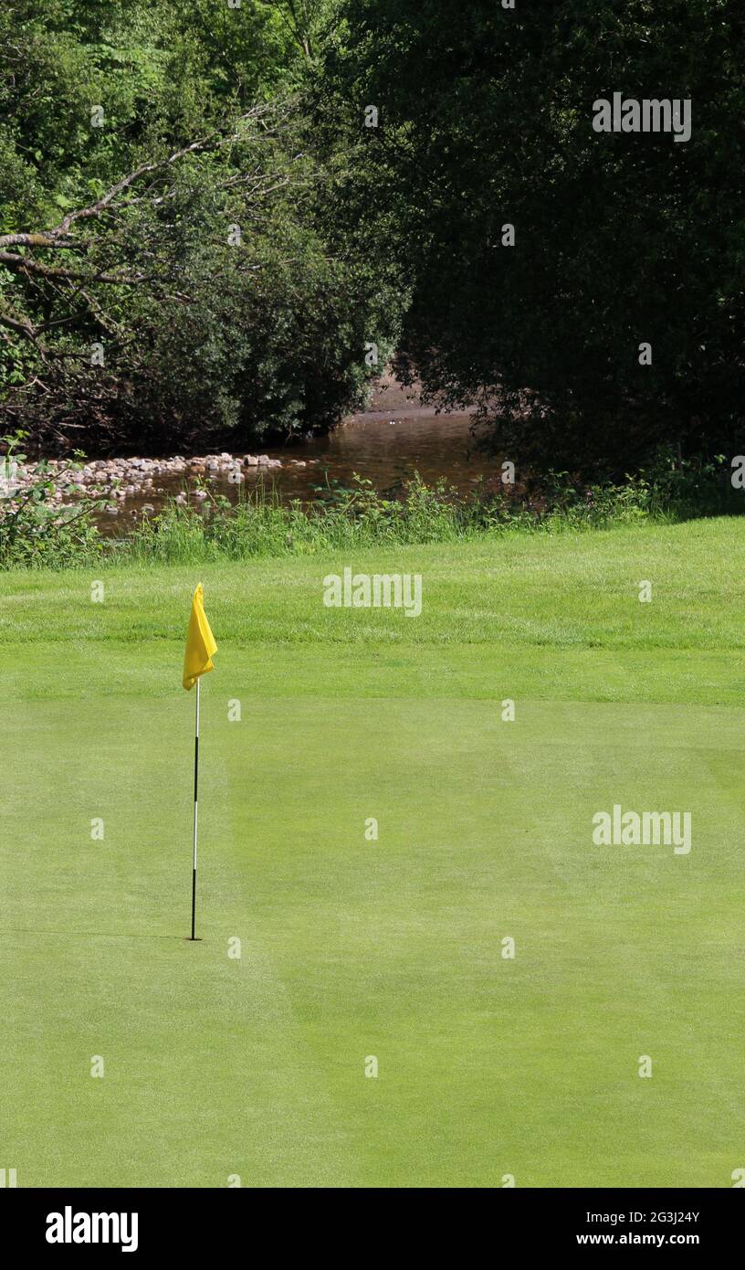Ein Foto einer gelben Flagge auf einem gepflegten Golfplatz Stockfoto