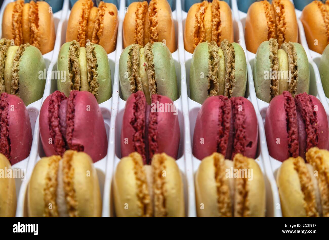 Verschiedene bunte Makronen in weißem Kunststoffetui. Stockfoto