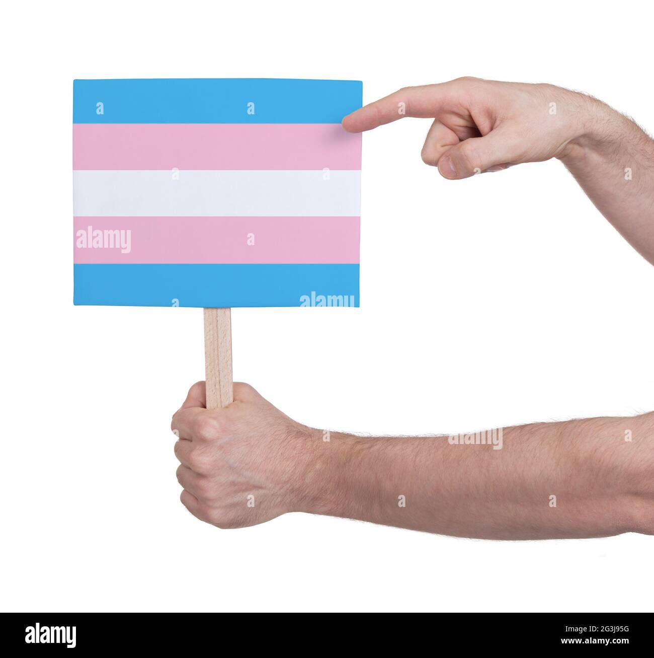 Hand mit kleiner Karte - Flagge des Trans Pride Stockfoto