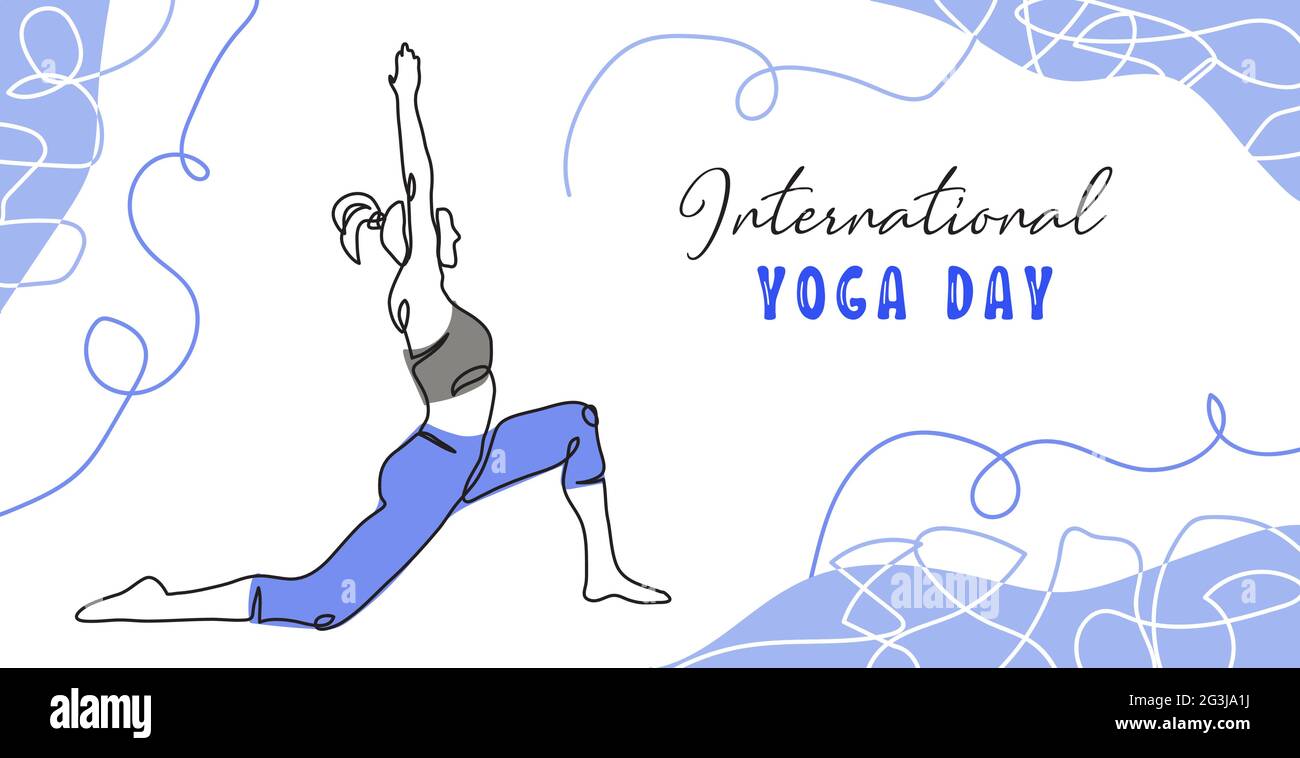 Internationaler Yoga Tag minimalistischer Vektor Banner, Poster, Hintergrund. .eine ununterbrochene Linienkunstzeichnung der Frau. Welt Yoga Tag einfacher Hintergrund Stock Vektor