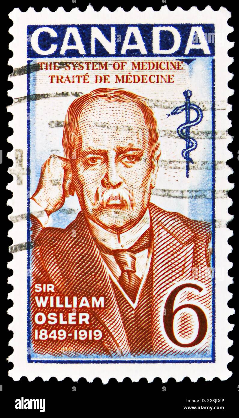 MOSKAU, RUSSLAND - 17. APRIL 2021: In Kanada gedruckte Briefmarke zum 50. Todestag von Sir William Osler (1849-1919), um 1969 Stockfoto