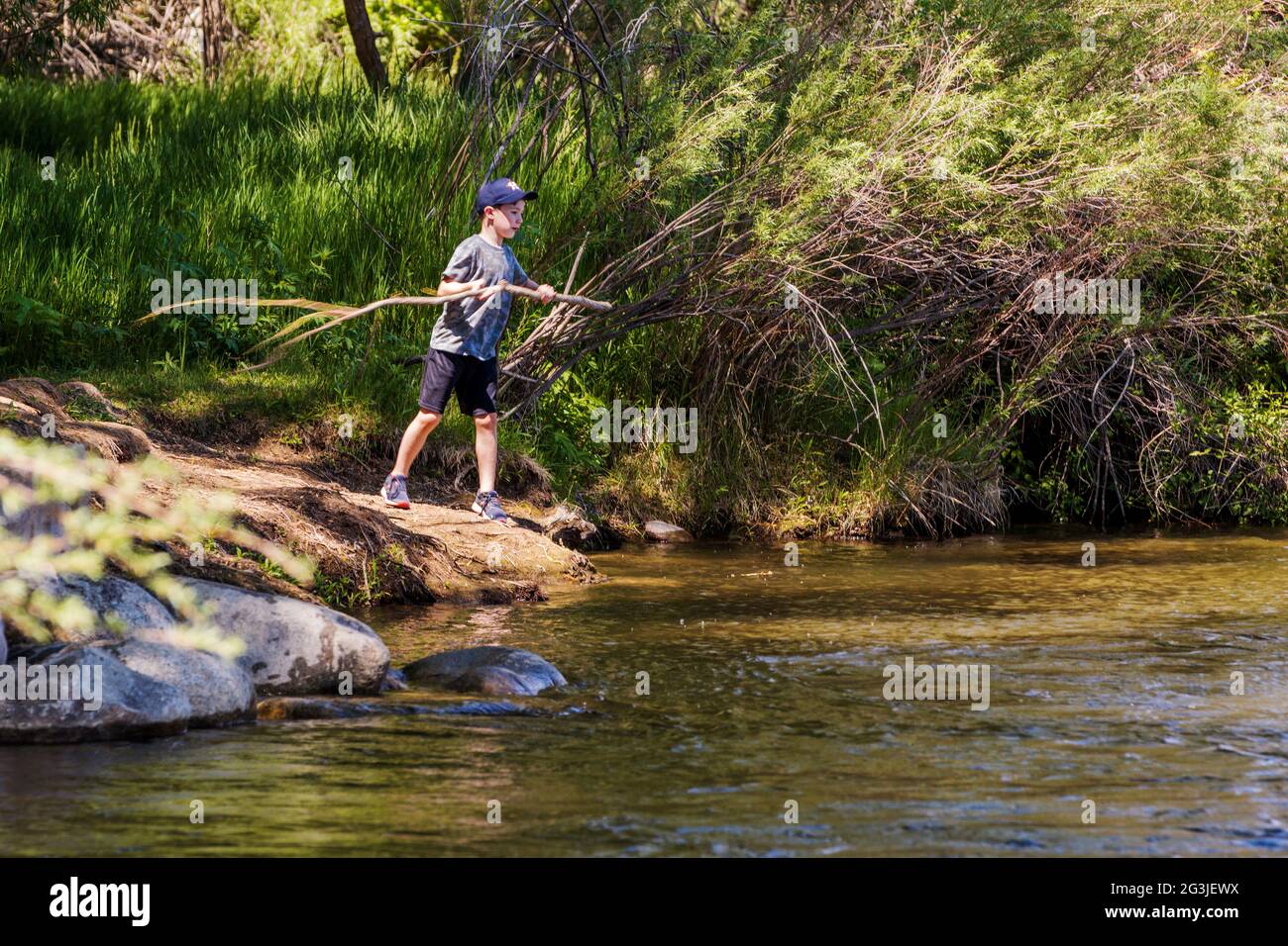 Kleiner Junge, der mit einem Stock am Arkansas River spielt; Salida; Colorado; USA Stockfoto