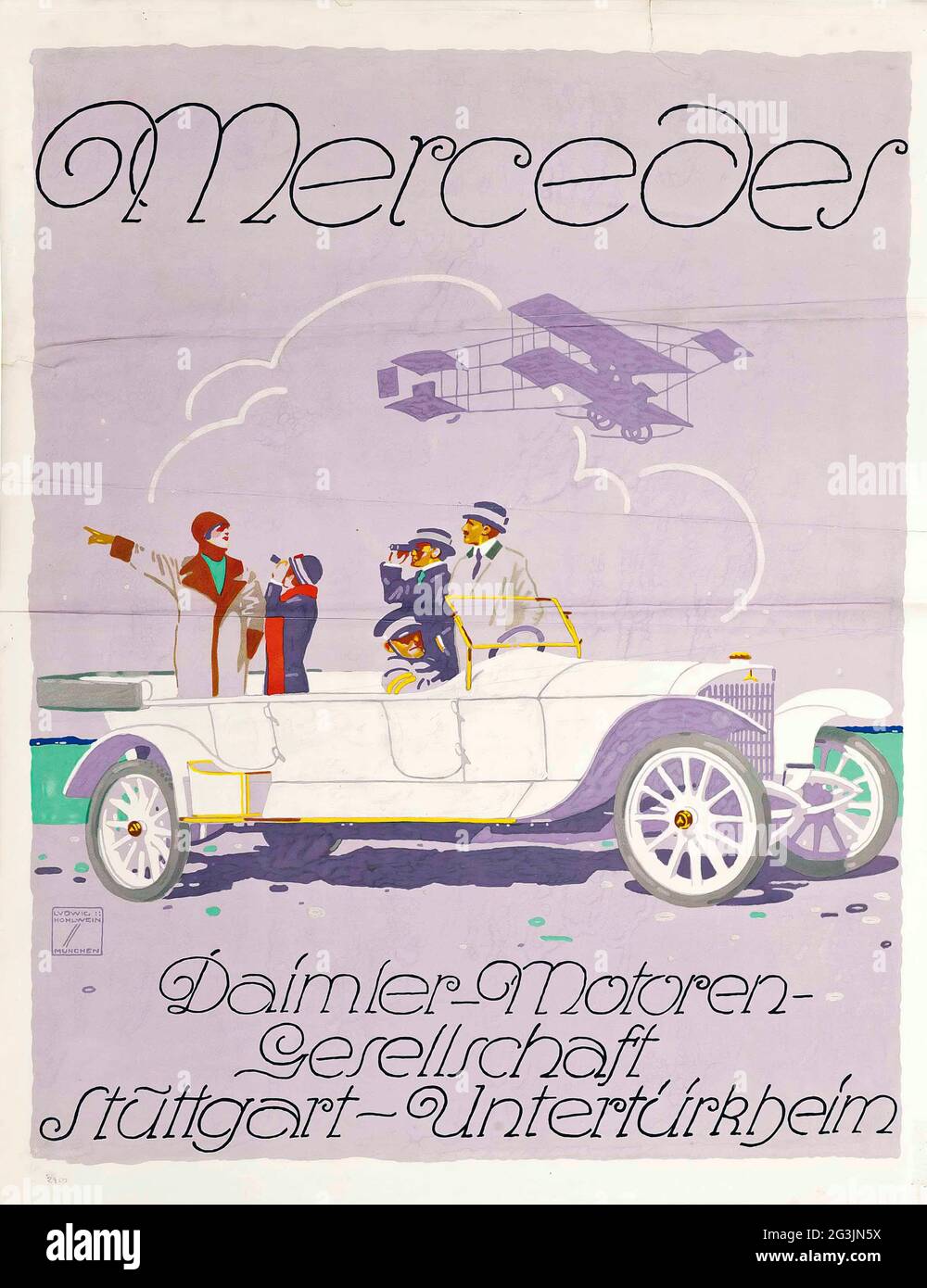 Ludwig Hohlwein (1874-1949) Mercedes Automobile, Zürich. Ein prächtiger Mercedes, mit einem Flugzeug im Stil der Wright Brothers, das darüber fliegt. c 1914. Deutsch. Stockfoto
