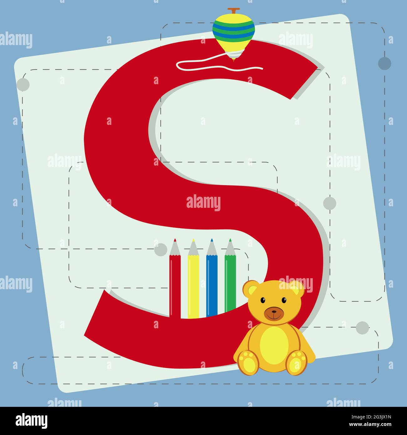 Buchstabe 's' aus stilisiertem Alphabet mit Kindern: teddybär, Buntstifte, Buntstifte, Kreide, Kreisel Stock Vektor
