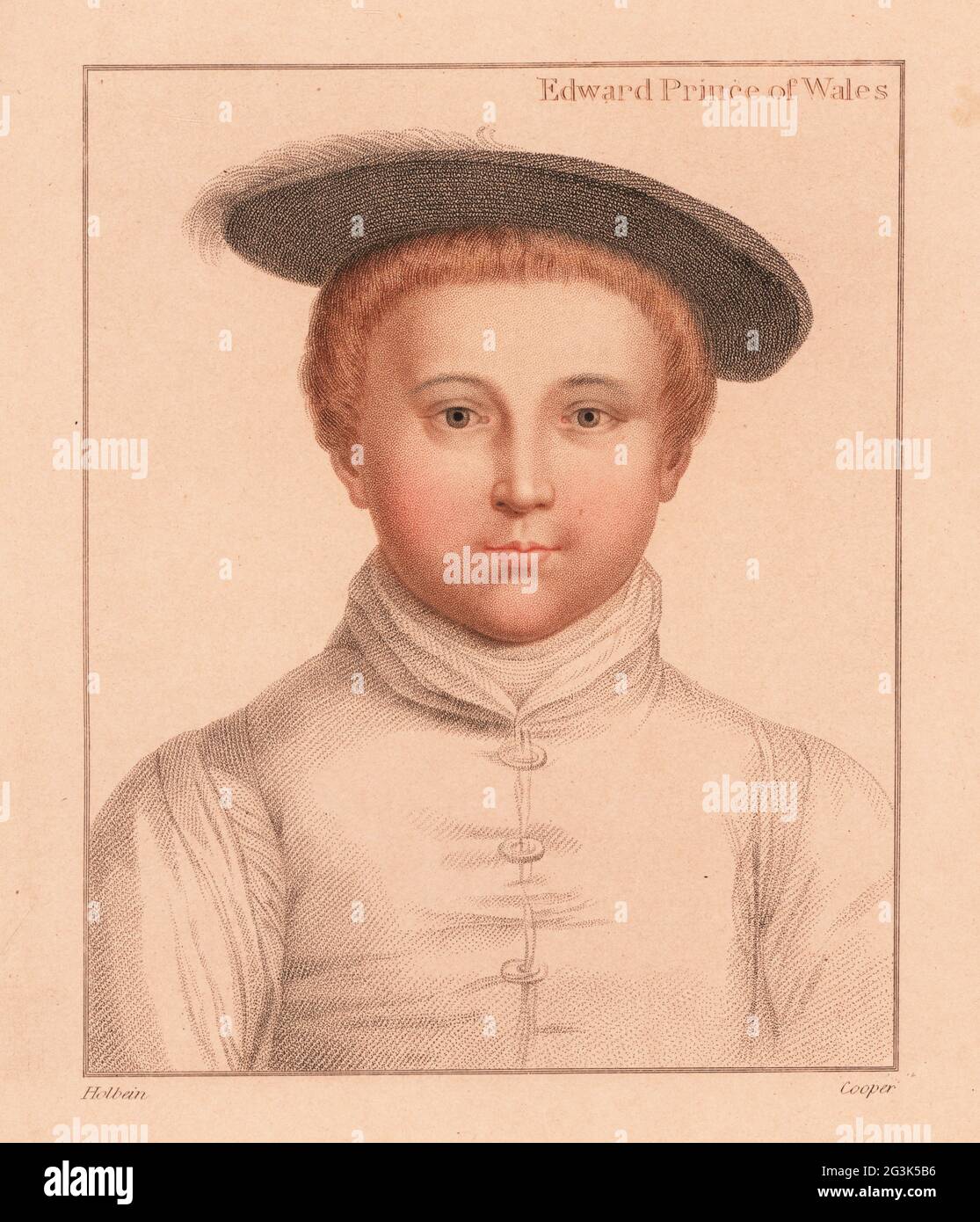 Edward, Prinz von Wales, 3-5, später König Edward VI. Von England, 1537-1553. Ein Sohn die Henry VIII und Jane Seymour. Edward, Prinz von Wales. Handkolorierter Kupferstich-Stich von Robert Cooper nach einem Porträt von Hans Holbein dem Jüngeren gedruckt auf rosa Papier nach Imitationen von Originalzeichnungen von Hans Holbein, John Chamberlaine, London, 1812. Stockfoto