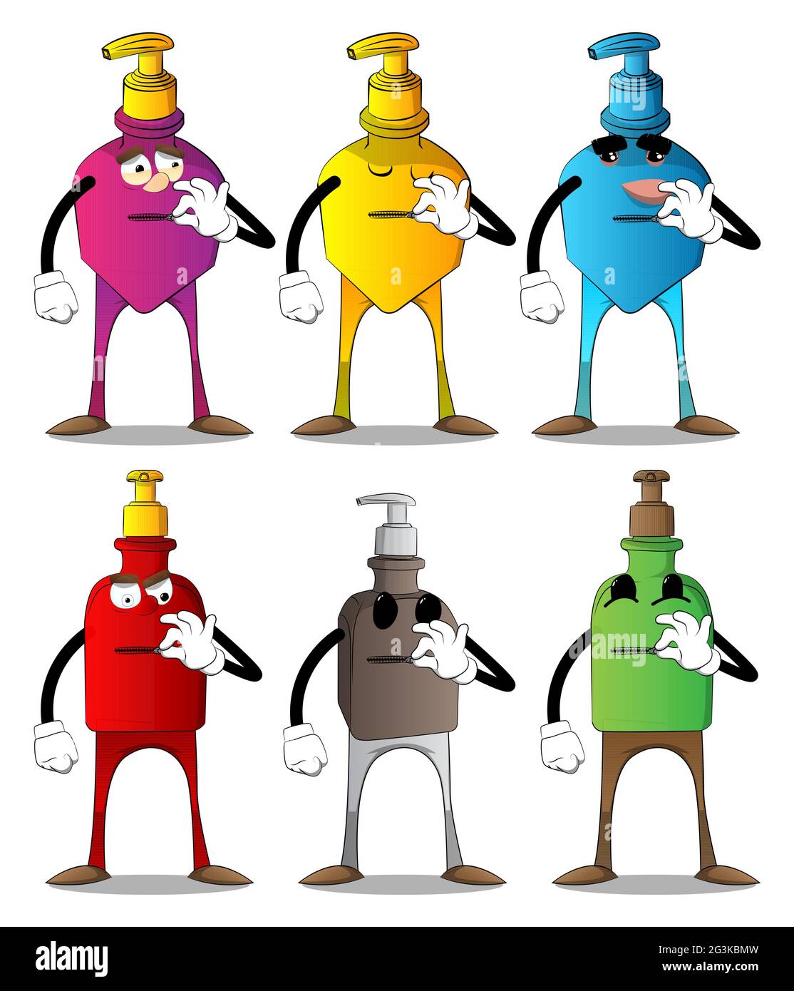 Cartoon-Flasche Handdesinfektionsgel für die Hygiene mit dem Gesicht, das ihm den Mund zupft. Stock Vektor