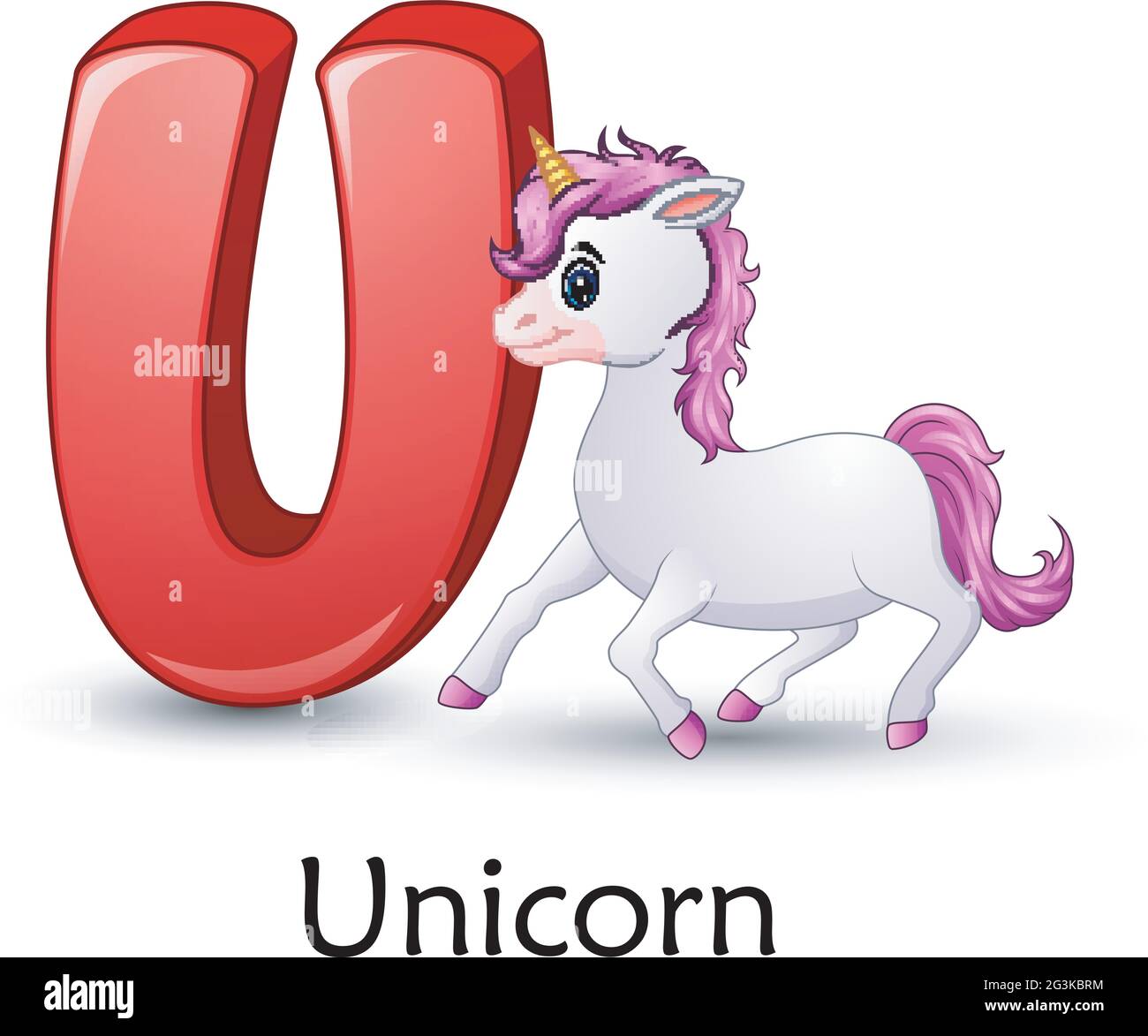 Der Buchstabe U steht für Unicorn-Cartoon-Alphabet Stock Vektor