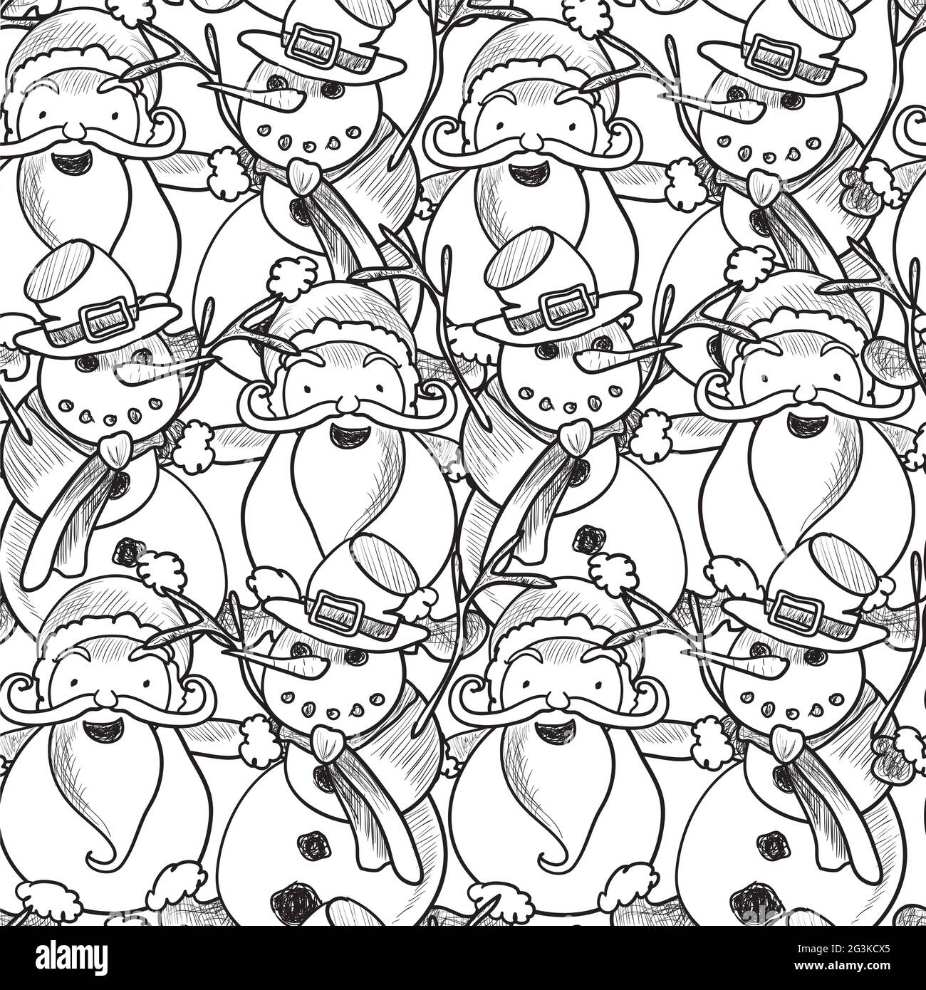 Illustration eines nahtlosen Musters mit handgezeichneter Weihnachtsmann und Schneemann Stockfoto